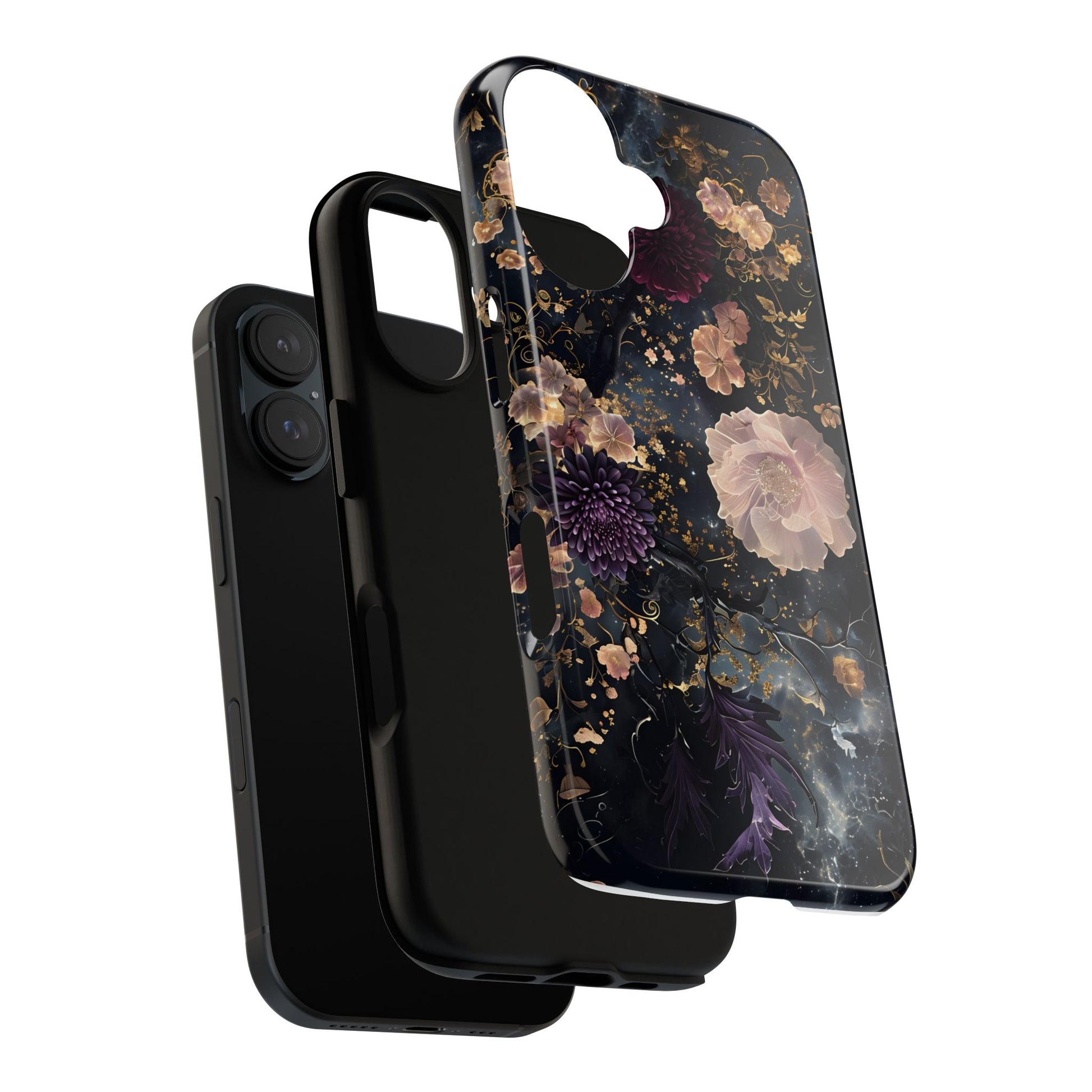 Phone Case, Whimsical Floral Pattern Against Cosmic Nebulous Background. Galaxy, Space, Tough Protective Cover, Unique Gift, Trendy