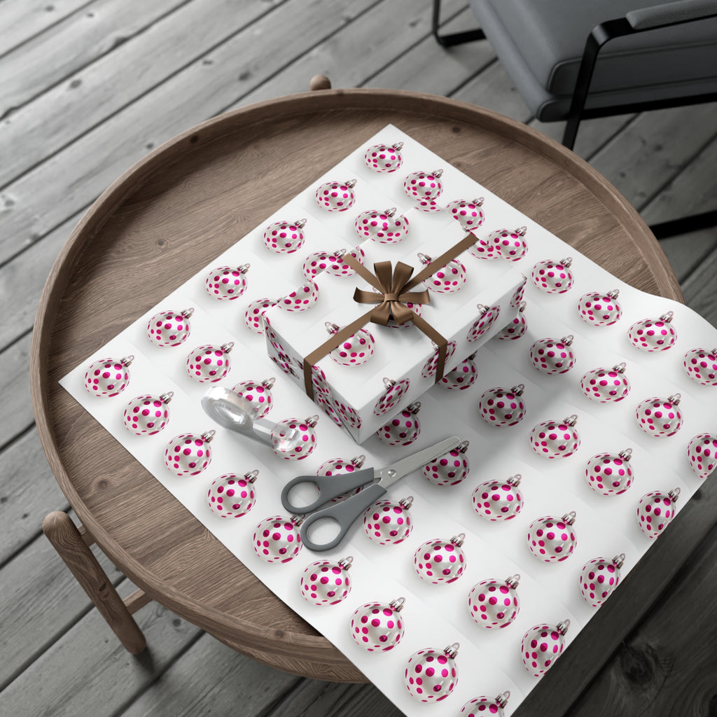 Wrapping Paper, Hot Pink Polka Dot Christmas Ornaments On White Background - Gift Wrap Rolls, Eco-Friendly Gift Wrap, Holiday