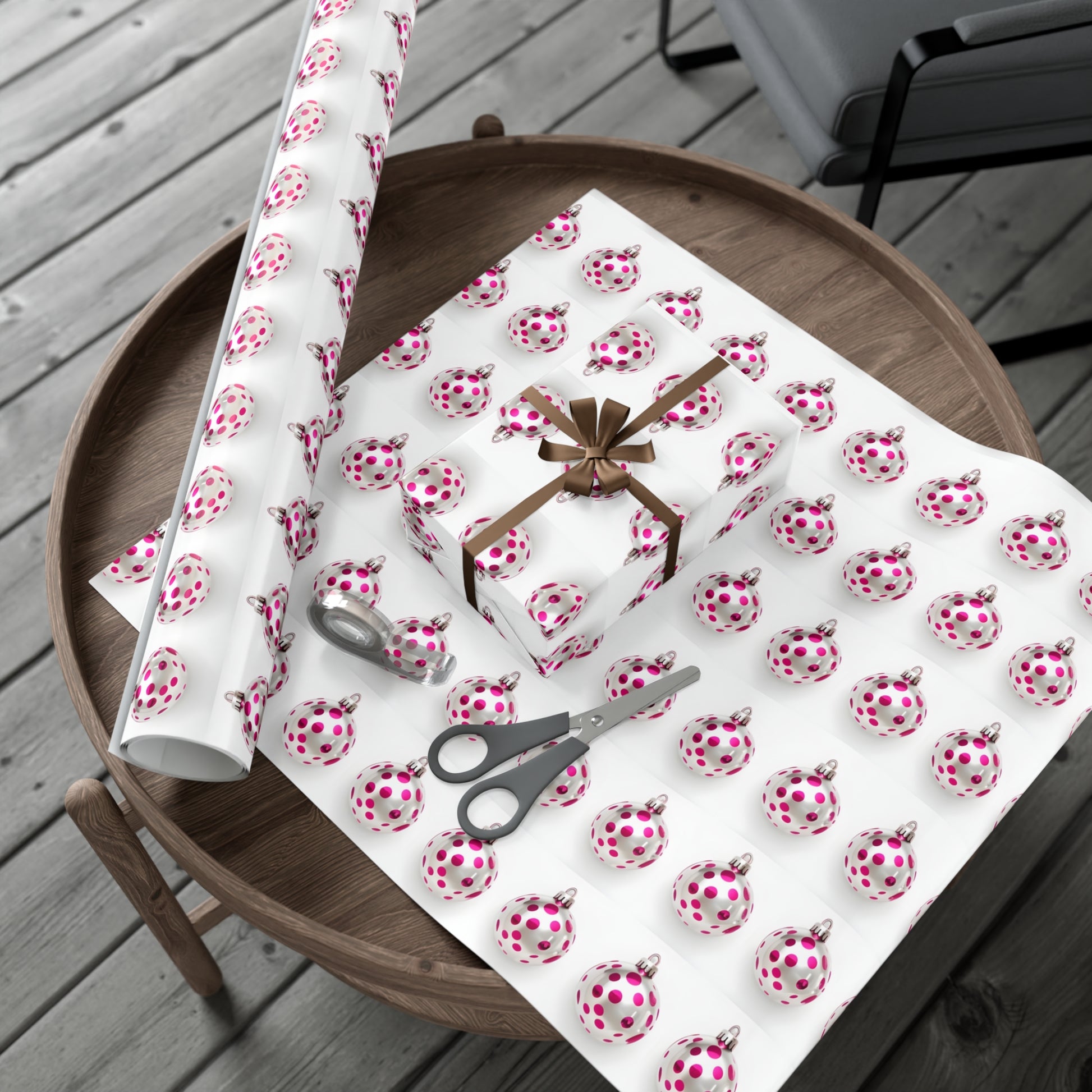 Wrapping Paper, Hot Pink Polka Dot Christmas Ornaments On White Background - Gift Wrap Rolls, Eco-Friendly Gift Wrap, Holiday
