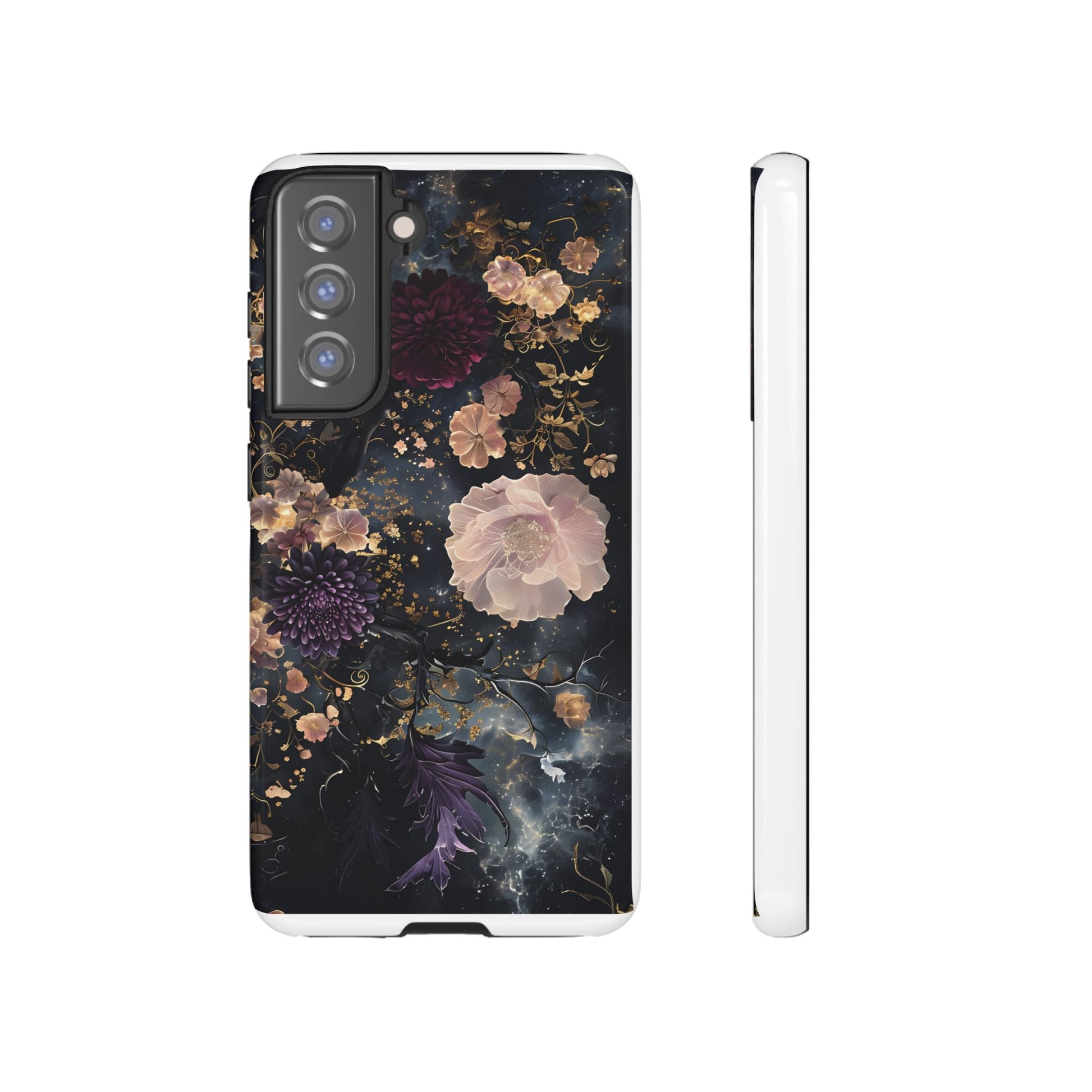 Phone Case, Whimsical Floral Pattern Against Cosmic Nebulous Background. Galaxy, Space, Tough Protective Cover, Unique Gift, Trendy