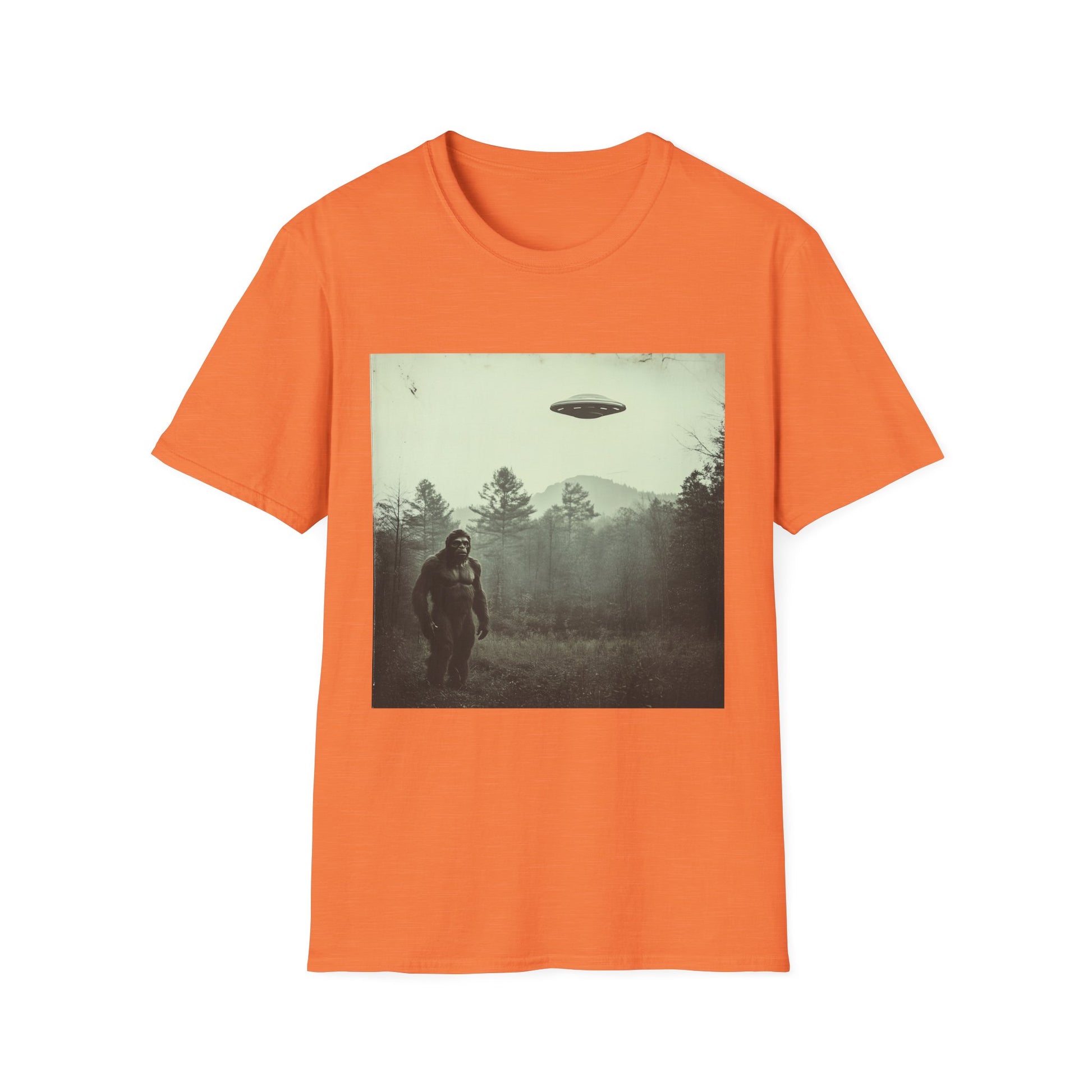 Bigfoot & UFO Unisex T-Shirt, Sasquatch Alien Tee, Cryptid Spaceship Shirt, Extraterrestrial Fantasy Clothing, Funny Yeti Top