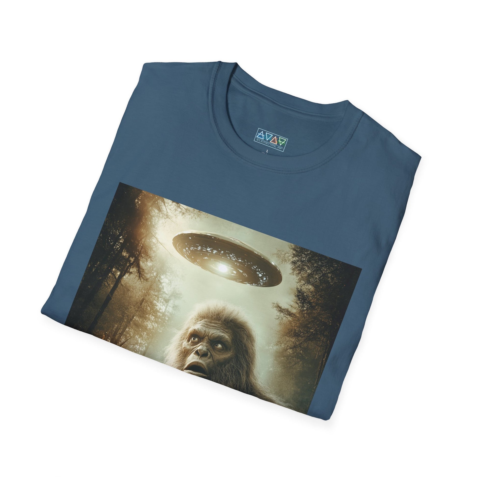Bigfoot UFO Unisex Softstyle T-Shirt, Funny Graphic Tee, Sasquatch Clothing, Alien Lover Gift, Outdoor Adventure Tee, Casual Wear