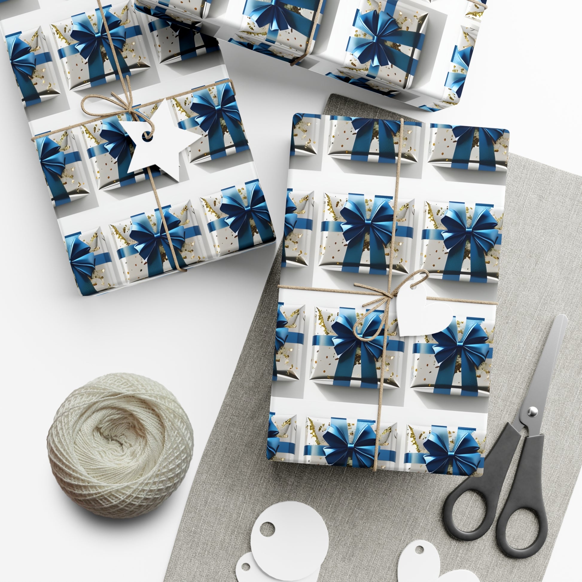 Wrapping Paper, Elegantly Wrapped Gifts On White Background with Blue Bows, Christmas Wrapping, Gift Packaging, Festive Decor, Holiday Gift