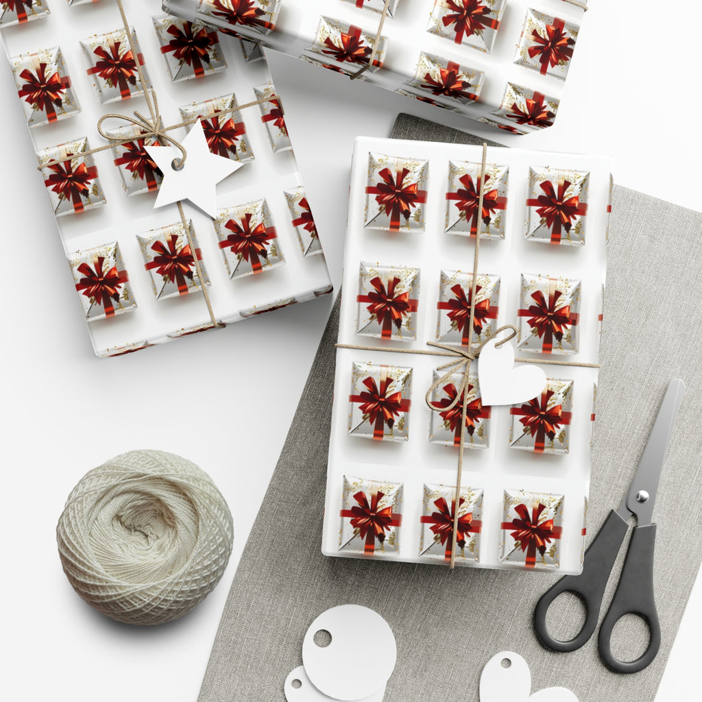Wrapping Paper, Elegantly Wrapped Gifts On White Background with Red Bows - Gift Wrap Rolls, Eco-Friendly Gift Wrap, Holiday Season Wrapping