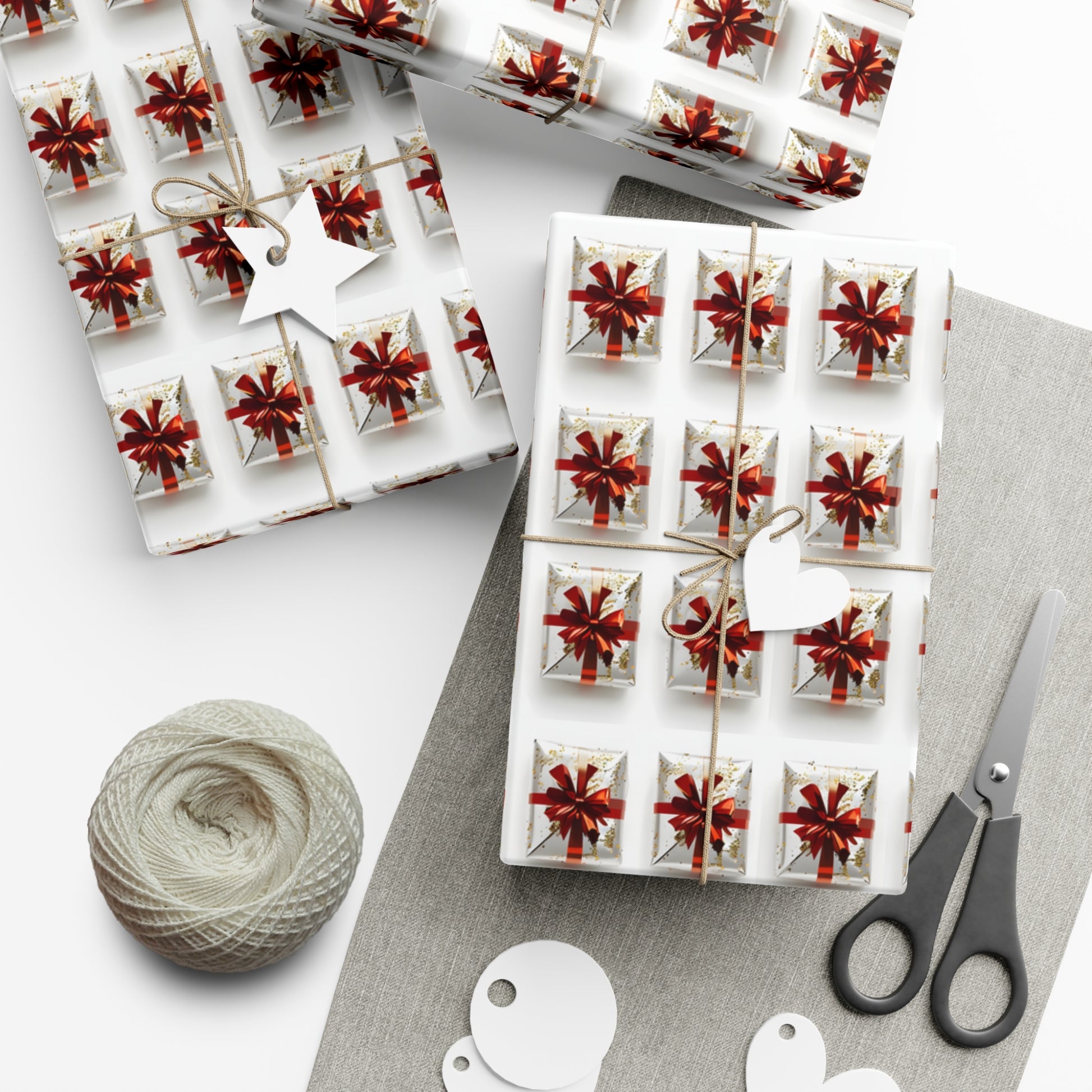 Wrapping Paper, Elegantly Wrapped Gifts On White Background with Red Bows - Gift Wrap Rolls, Eco-Friendly Gift Wrap, Holiday Season Wrapping