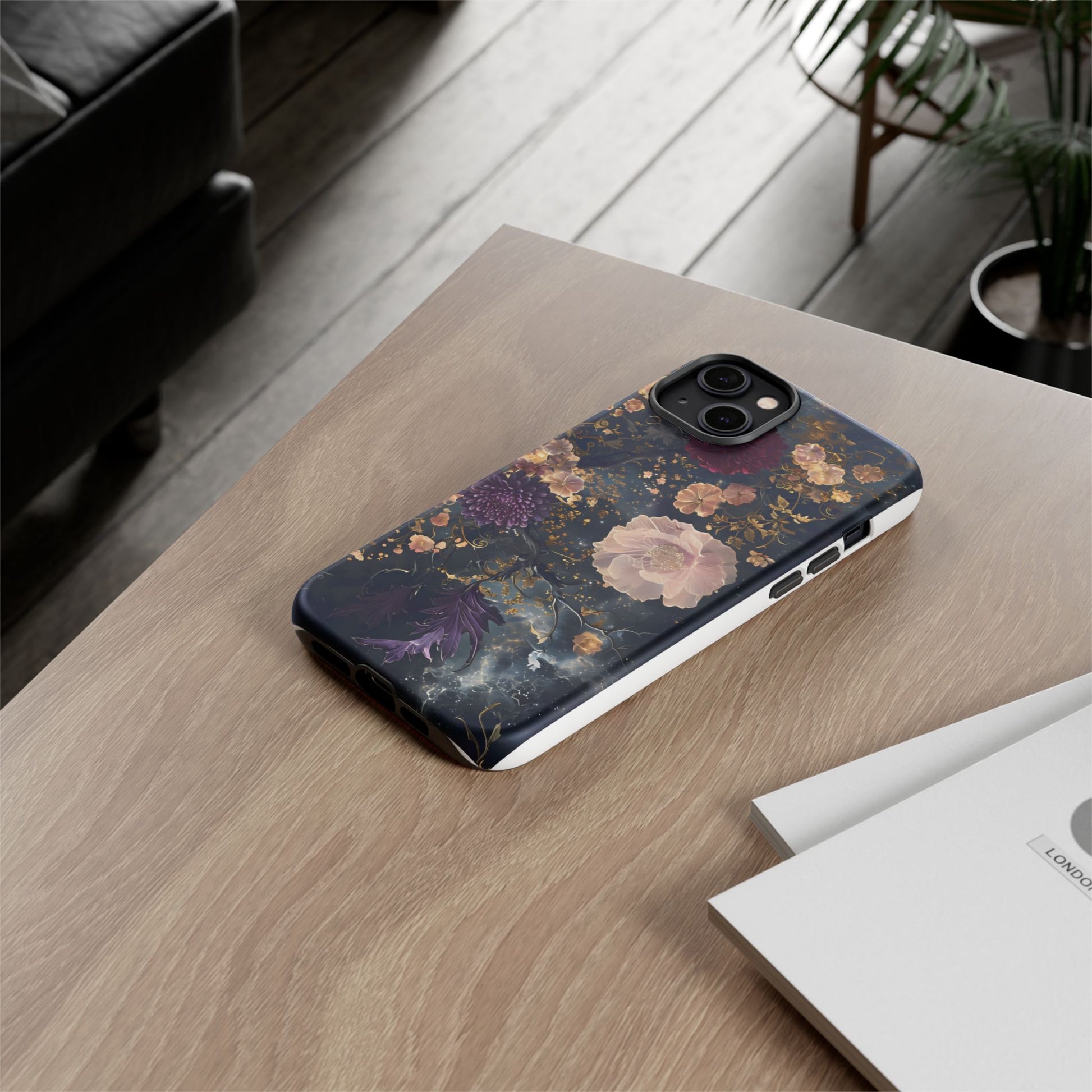Phone Case, Whimsical Floral Pattern Against Cosmic Nebulous Background. Galaxy, Space, Tough Protective Cover, Unique Gift, Trendy