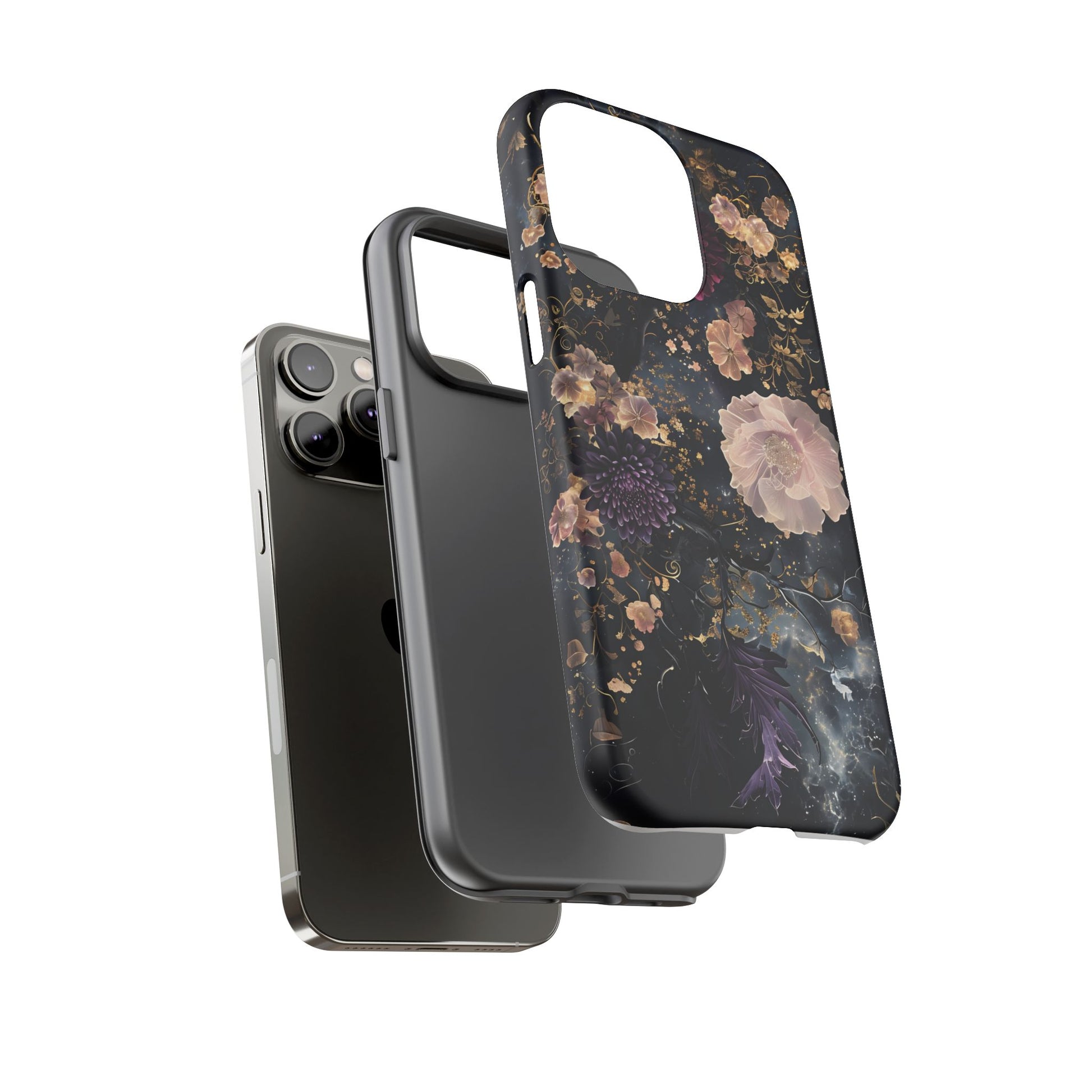 Phone Case, Whimsical Floral Pattern Against Cosmic Nebulous Background. Galaxy, Space, Tough Protective Cover, Unique Gift, Trendy