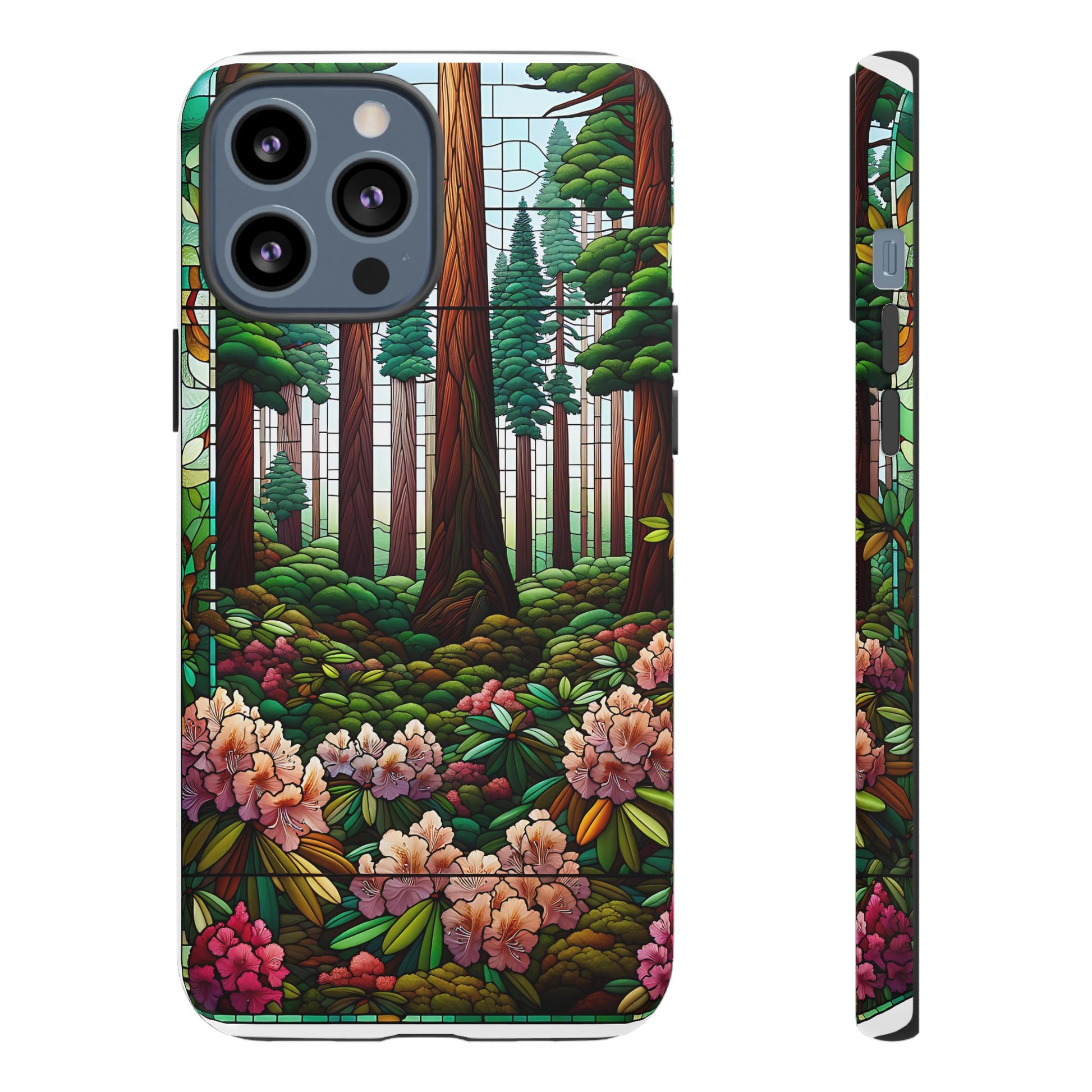 Nature Inspired Tough Cases - Redwood Trees & Rhododendrons Stained Glass iPhone Cover, Protective Phone Shell, Unique Samsung Galaxy Case,