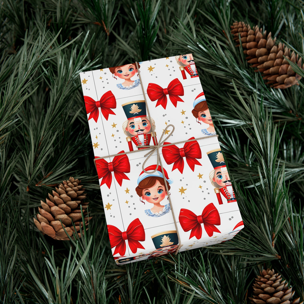 Wrapping Paper, Festive Cartoon Nutcracker And Clara Pattern With Bows - Gift Wrap Rolls, Eco-Friendly Gift Wrap, Holiday Season Wrapping
