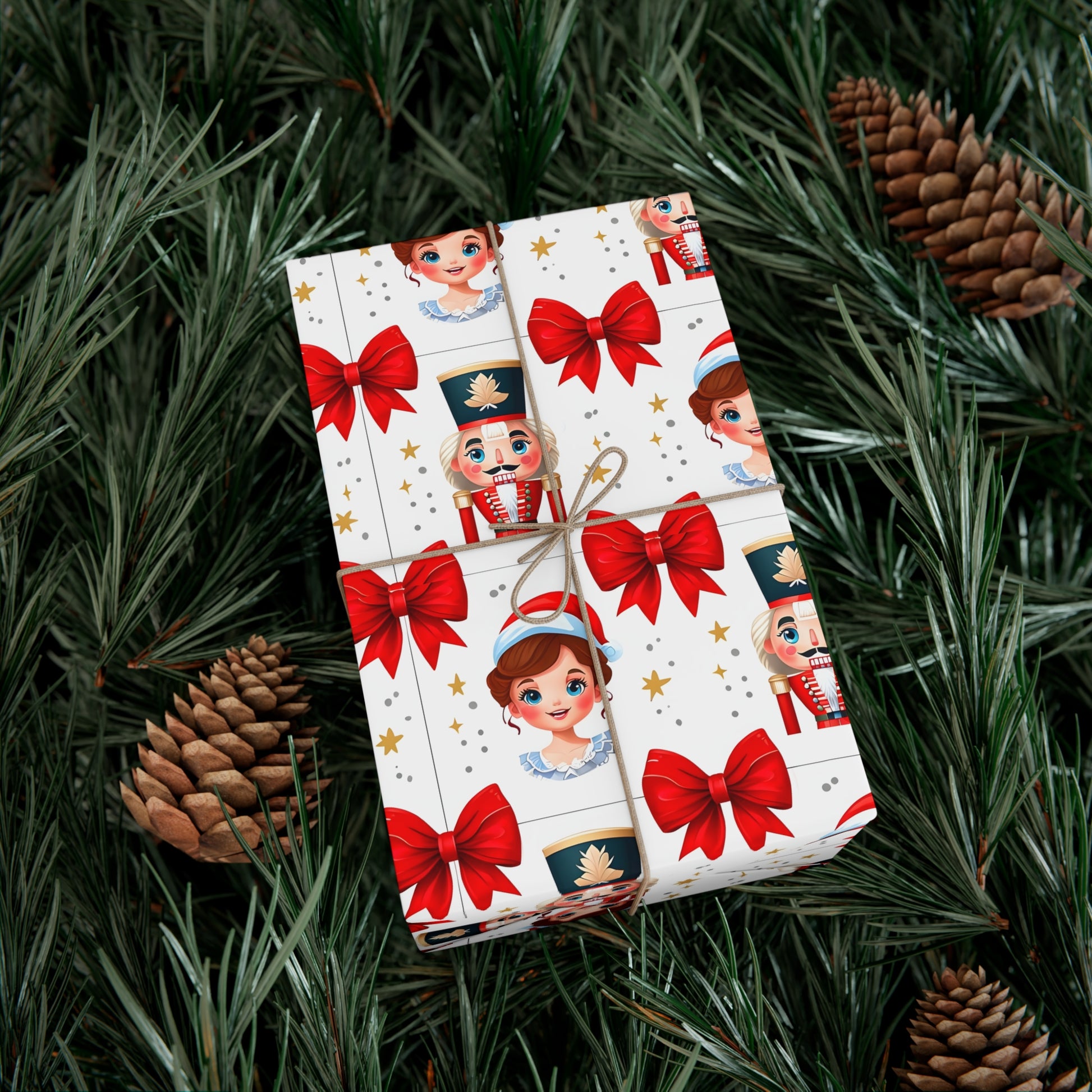 Wrapping Paper, Festive Cartoon Nutcracker And Clara Pattern With Bows - Gift Wrap Rolls, Eco-Friendly Gift Wrap, Holiday Season Wrapping