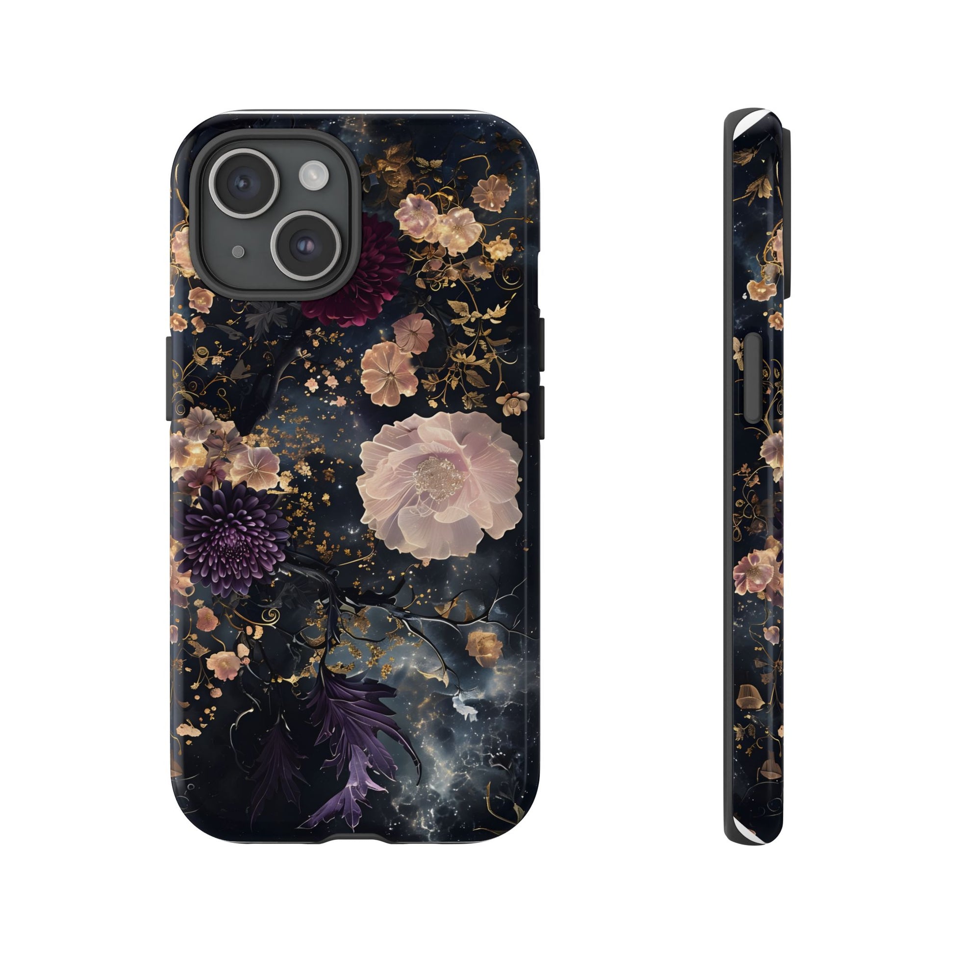 Phone Case, Whimsical Floral Pattern Against Cosmic Nebulous Background. Galaxy, Space, Tough Protective Cover, Unique Gift, Trendy