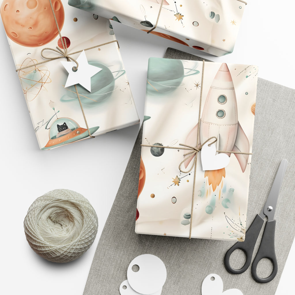Gift Wrap Papers, Retro Futuristic Pattern, Whimsical Elements, Holiday Gift Wrap, Decorative Wrapping Paper, Gift Packaging Supplies