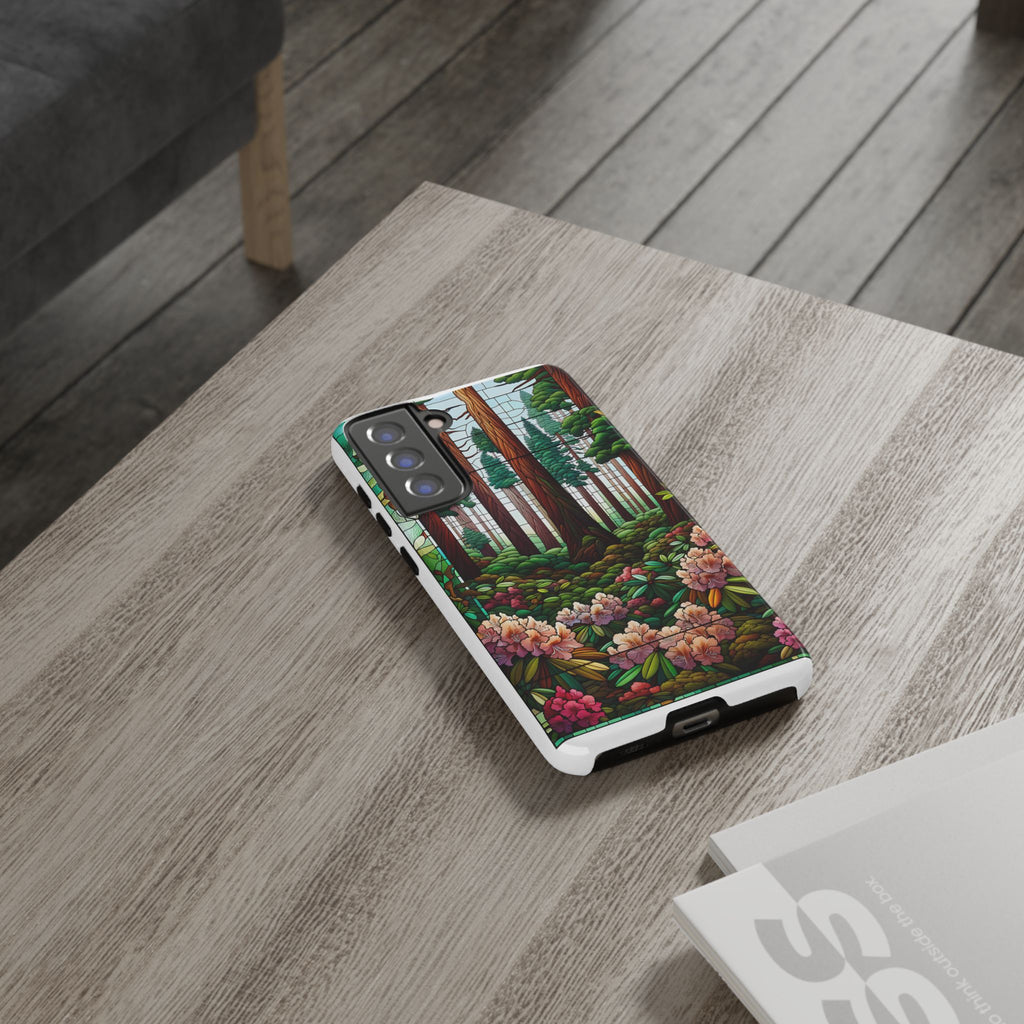 Nature Inspired Tough Cases - Redwood Trees & Rhododendrons Stained Glass iPhone Cover, Protective Phone Shell, Unique Samsung Galaxy Case,