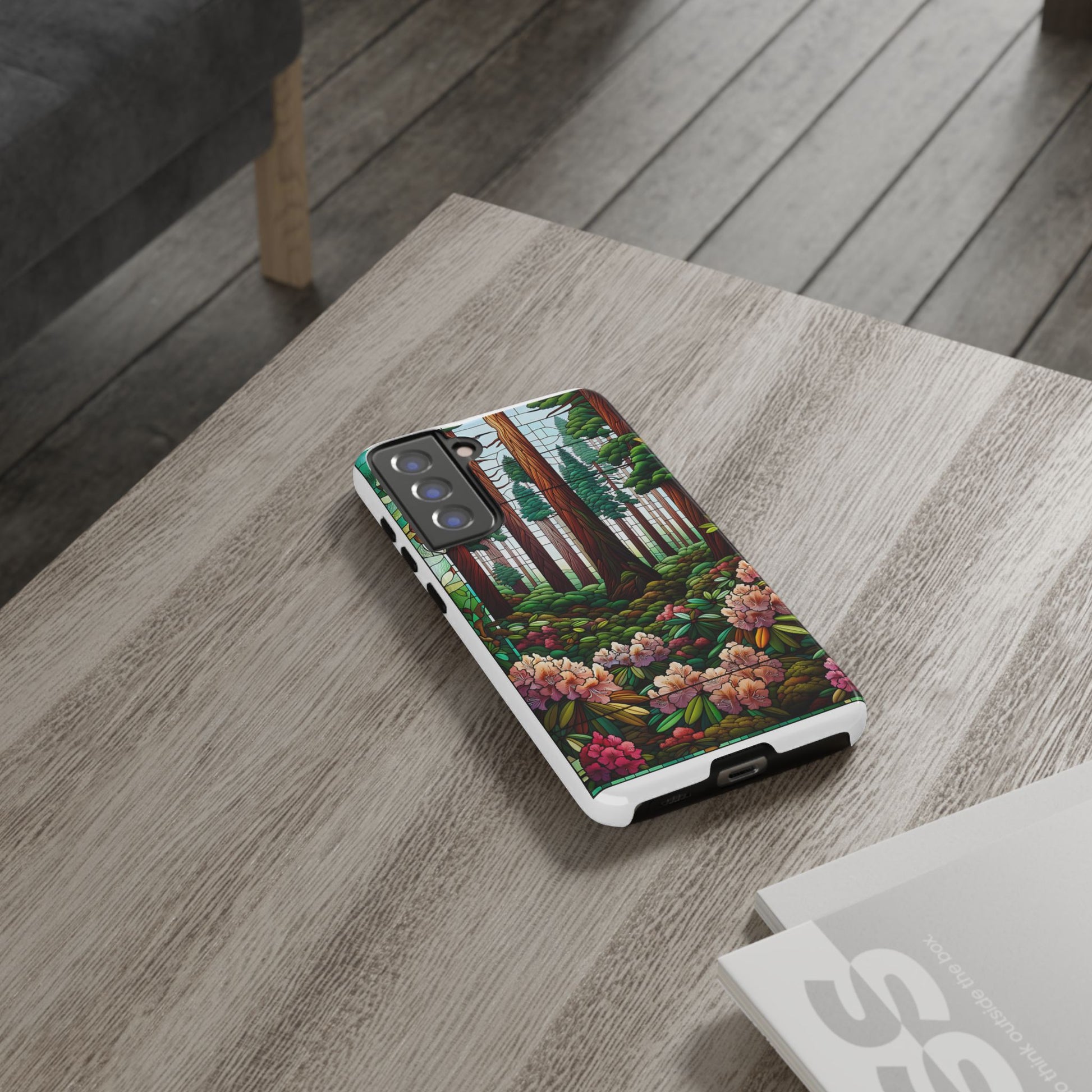 Nature Inspired Tough Cases - Redwood Trees & Rhododendrons Stained Glass iPhone Cover, Protective Phone Shell, Unique Samsung Galaxy Case,