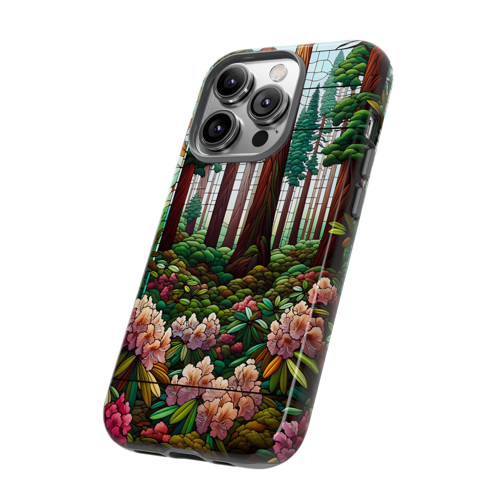 Nature Inspired Tough Cases - Redwood Trees & Rhododendrons Stained Glass iPhone Cover, Protective Phone Shell, Unique Samsung Galaxy Case,