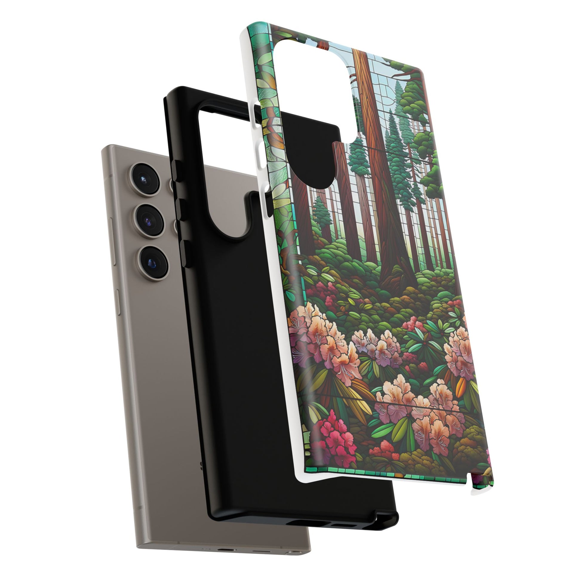 Nature Inspired Tough Cases - Redwood Trees & Rhododendrons Stained Glass iPhone Cover, Protective Phone Shell, Unique Samsung Galaxy Case,