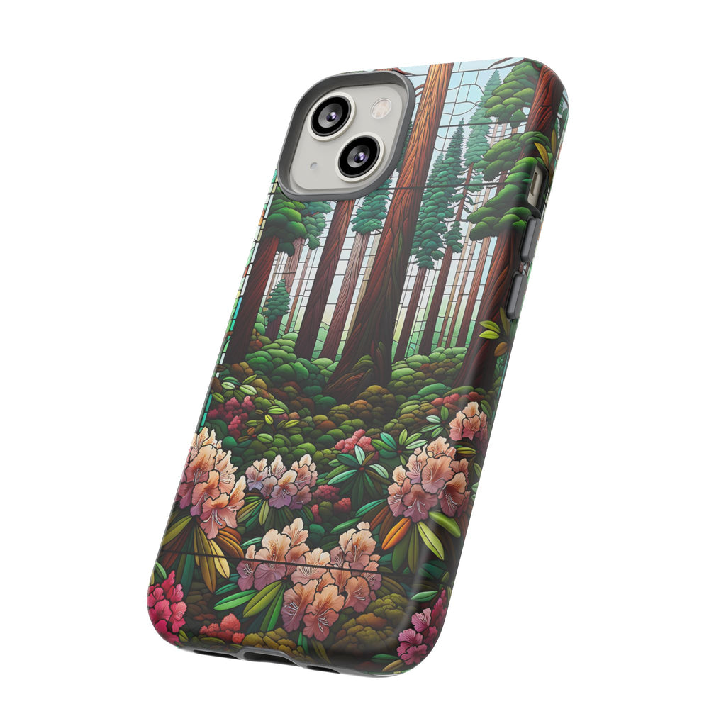 Nature Inspired Tough Cases - Redwood Trees & Rhododendrons Stained Glass iPhone Cover, Protective Phone Shell, Unique Samsung Galaxy Case,