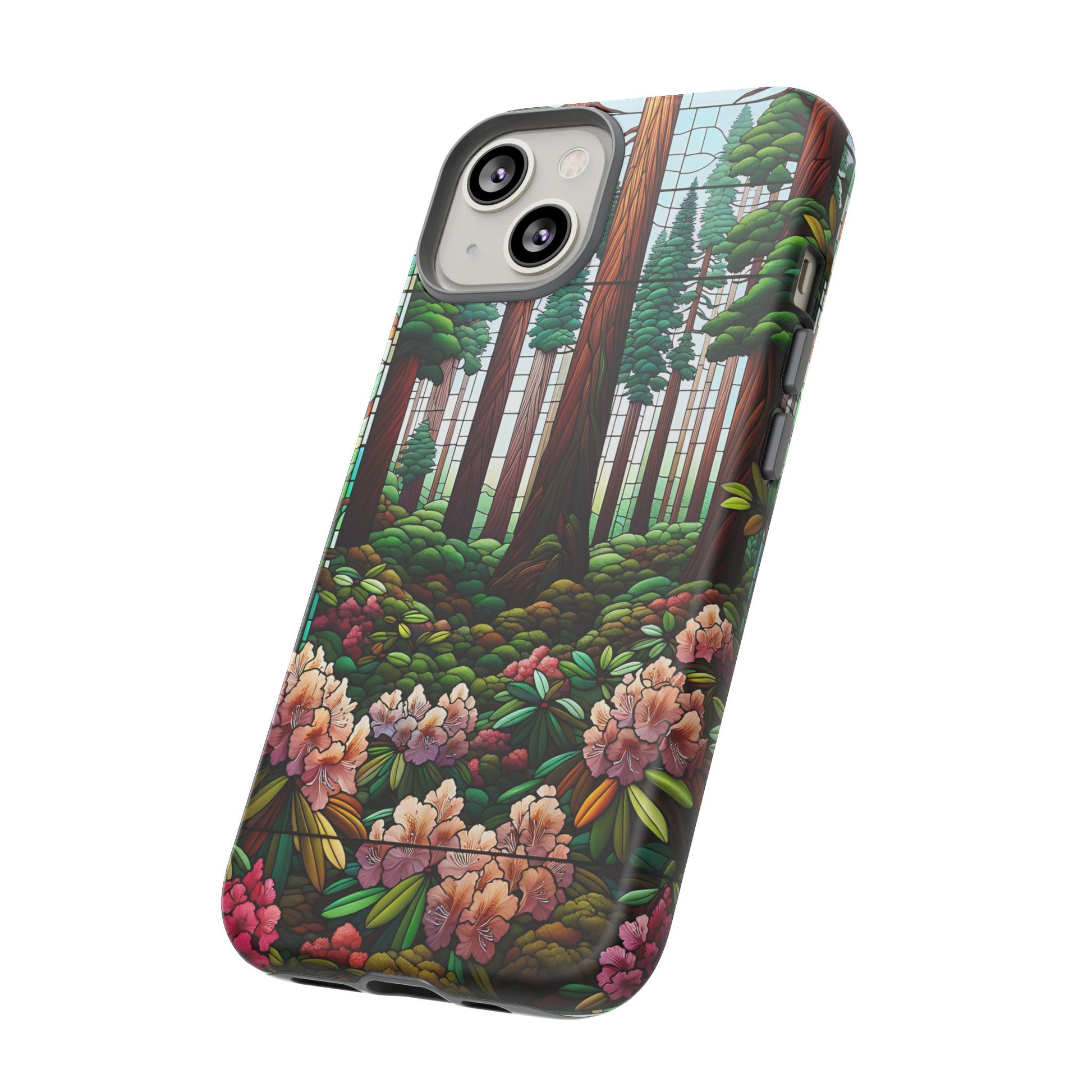 Nature Inspired Tough Cases - Redwood Trees & Rhododendrons Stained Glass iPhone Cover, Protective Phone Shell, Unique Samsung Galaxy Case,
