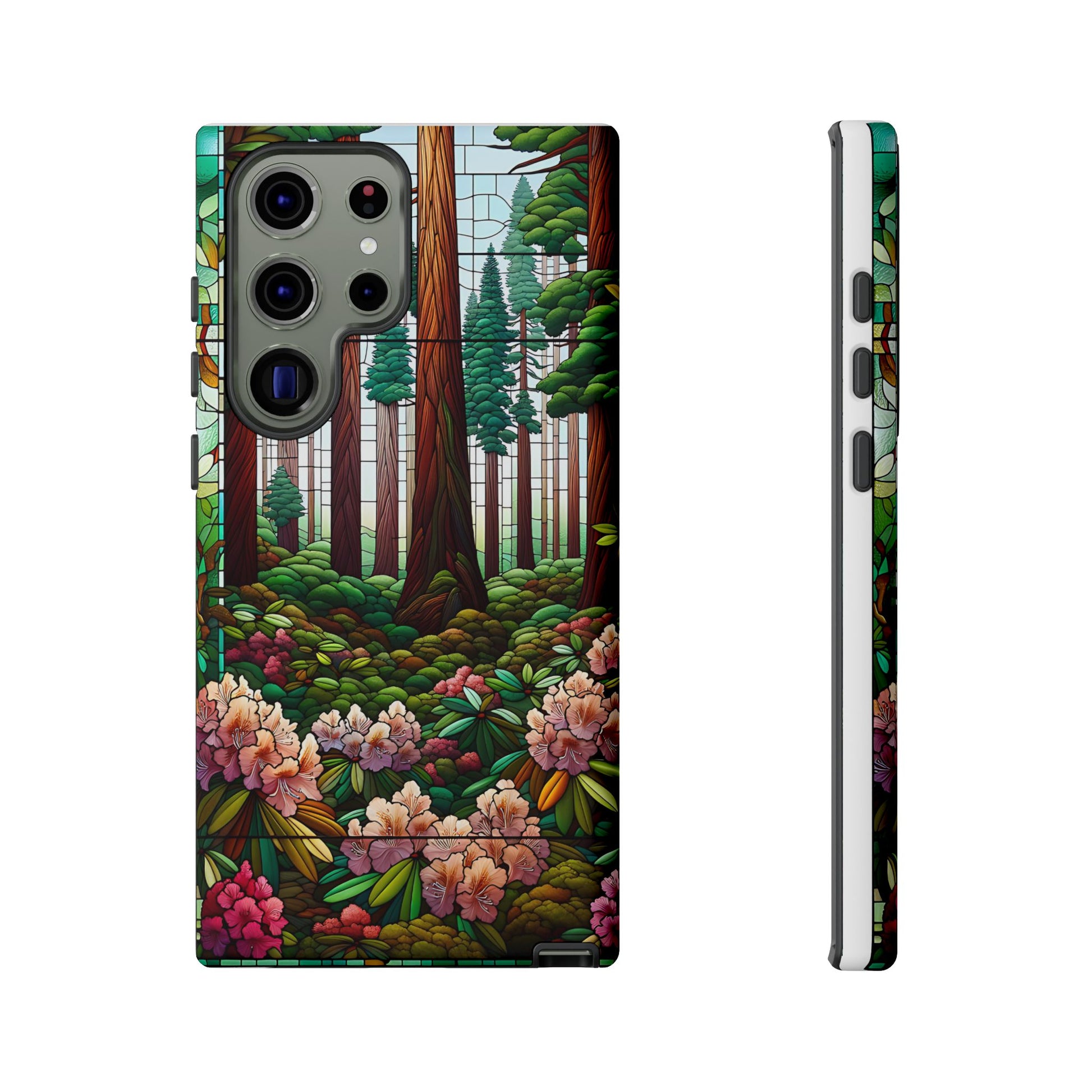 Nature Inspired Tough Cases - Redwood Trees & Rhododendrons Stained Glass iPhone Cover, Protective Phone Shell, Unique Samsung Galaxy Case,