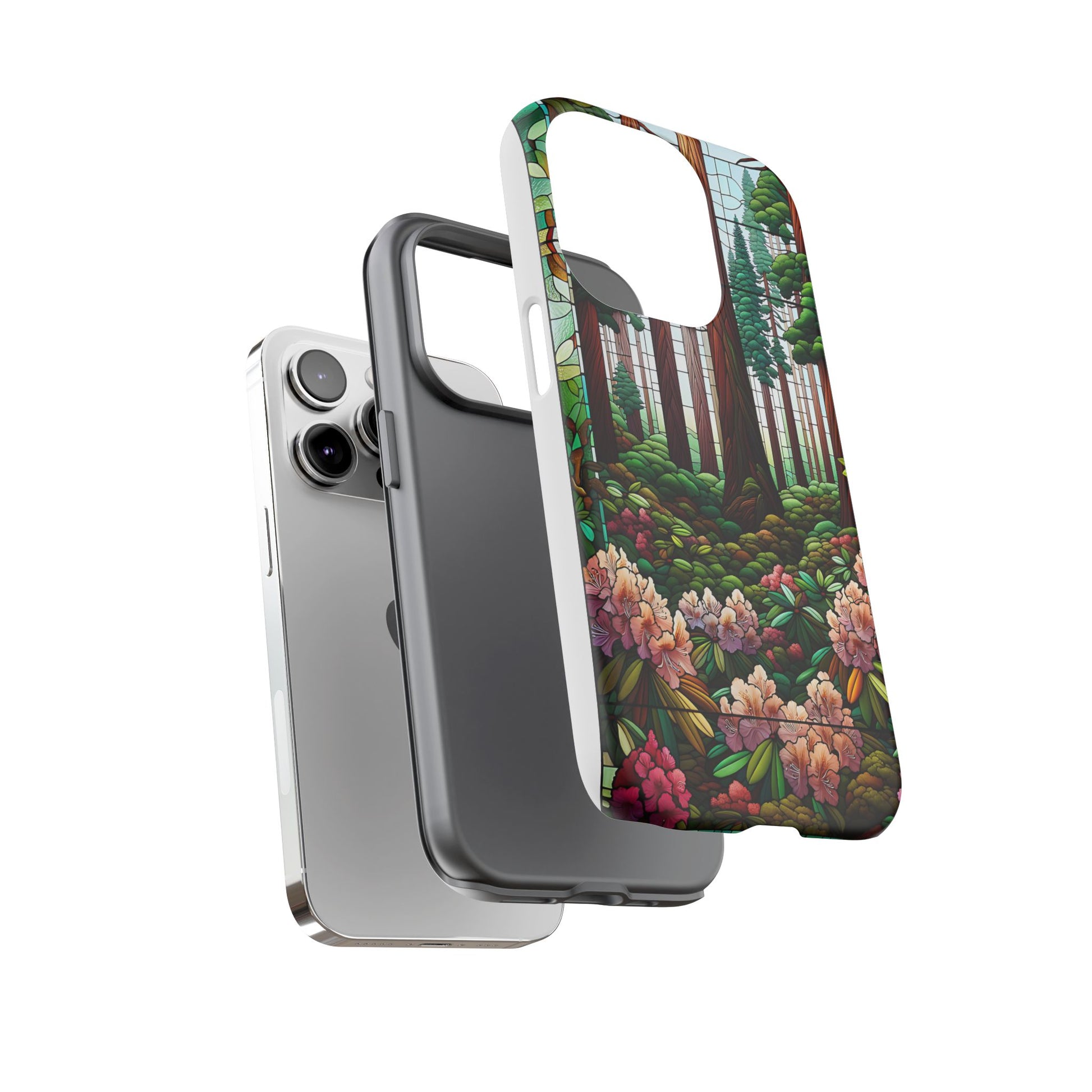 Nature Inspired Tough Cases - Redwood Trees & Rhododendrons Stained Glass iPhone Cover, Protective Phone Shell, Unique Samsung Galaxy Case,
