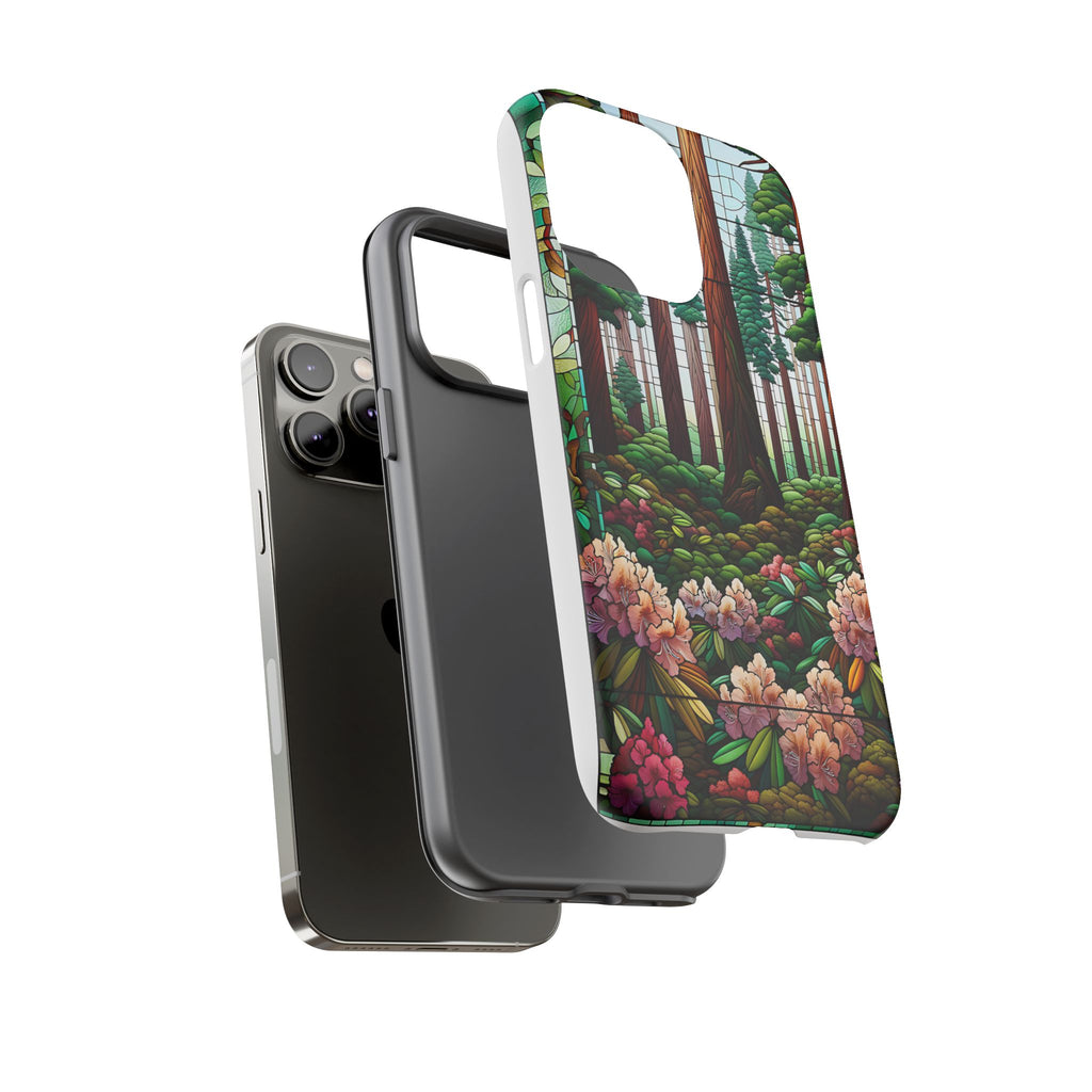 Nature Inspired Tough Cases - Redwood Trees & Rhododendrons Stained Glass iPhone Cover, Protective Phone Shell, Unique Samsung Galaxy Case,