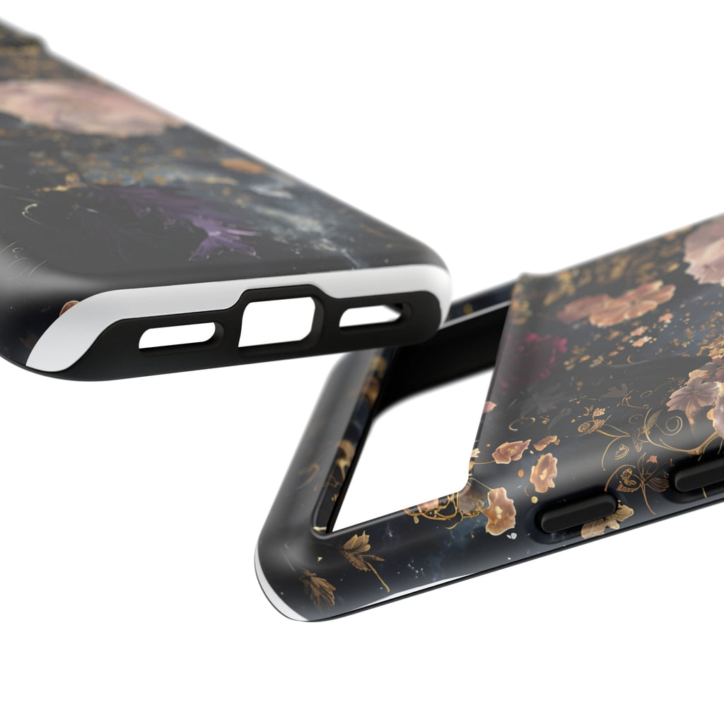 Phone Case, Whimsical Floral Pattern Against Cosmic Nebulous Background. Galaxy, Space, Tough Protective Cover, Unique Gift, Trendy