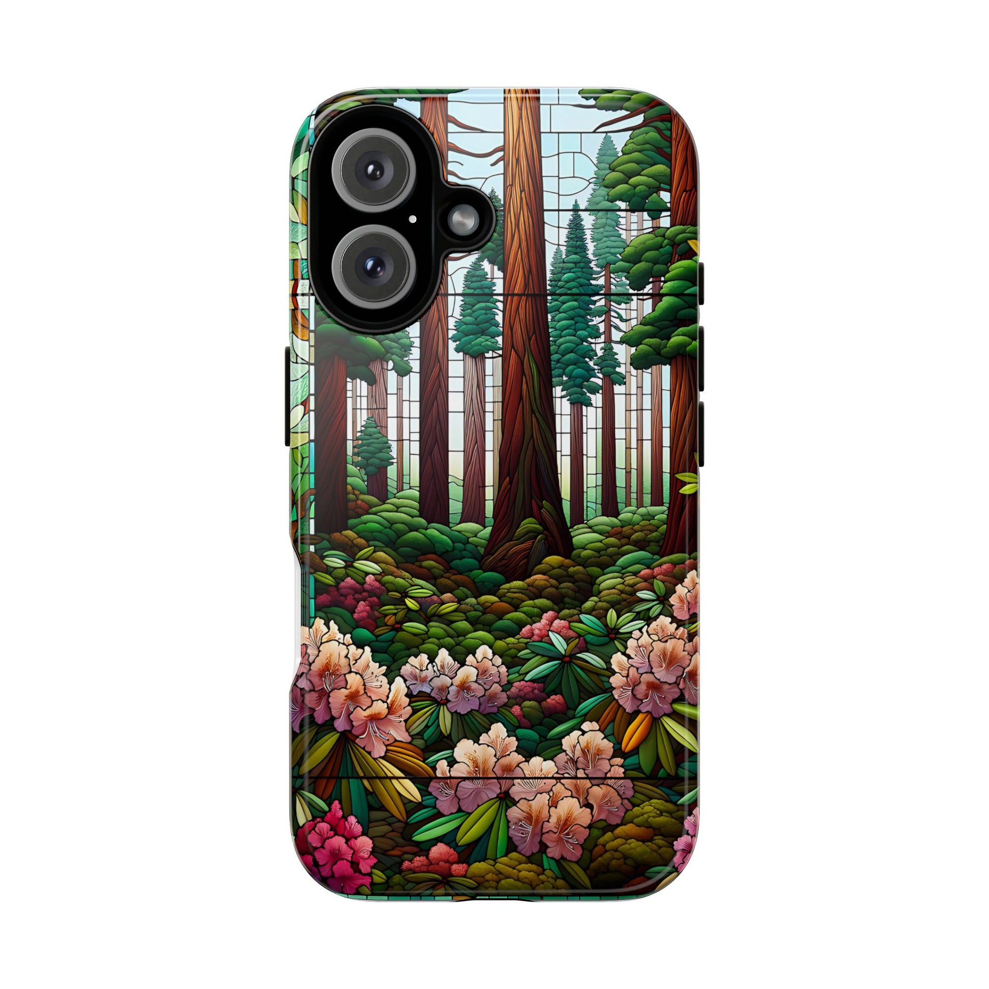 Nature Inspired Tough Cases - Redwood Trees & Rhododendrons Stained Glass iPhone Cover, Protective Phone Shell, Unique Samsung Galaxy Case,