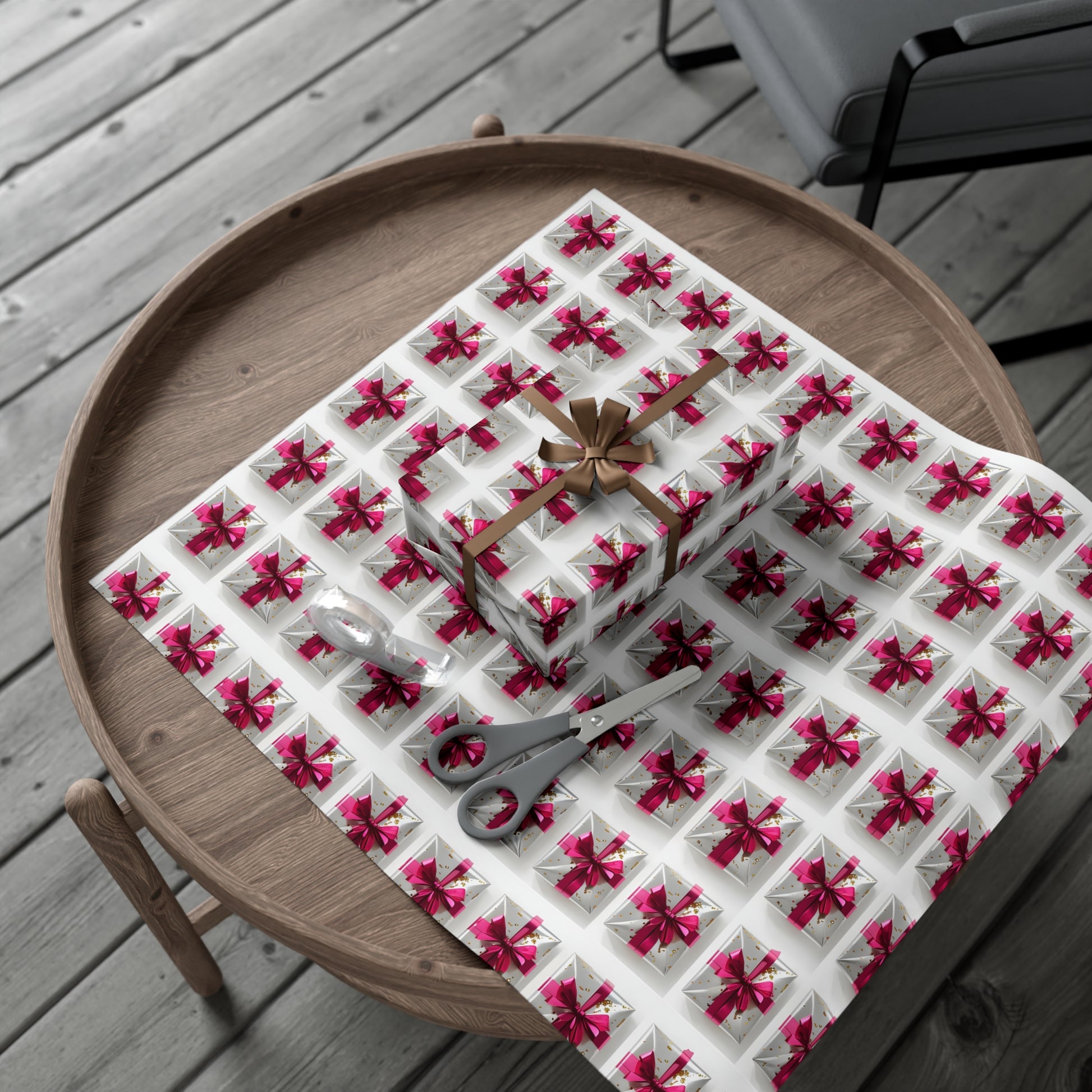 Wrapping Paper, Elegantly Wrapped Gifts On White Background with Hot Pink Bows - Gift Wrap Rolls, Eco-Friendly Gift Wrap, Holiday