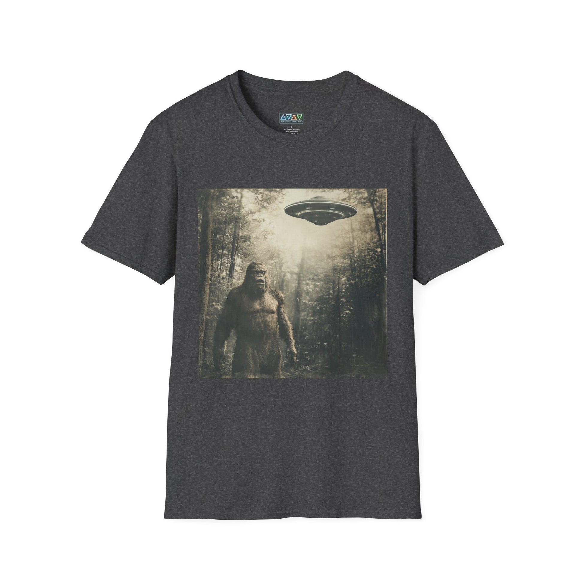 Bigfoot and UFO Unisex T-Shirt, Fun Graphic Tee for Nature Lovers, Quirky Gift for Campers, Outdoor Adventure Apparel