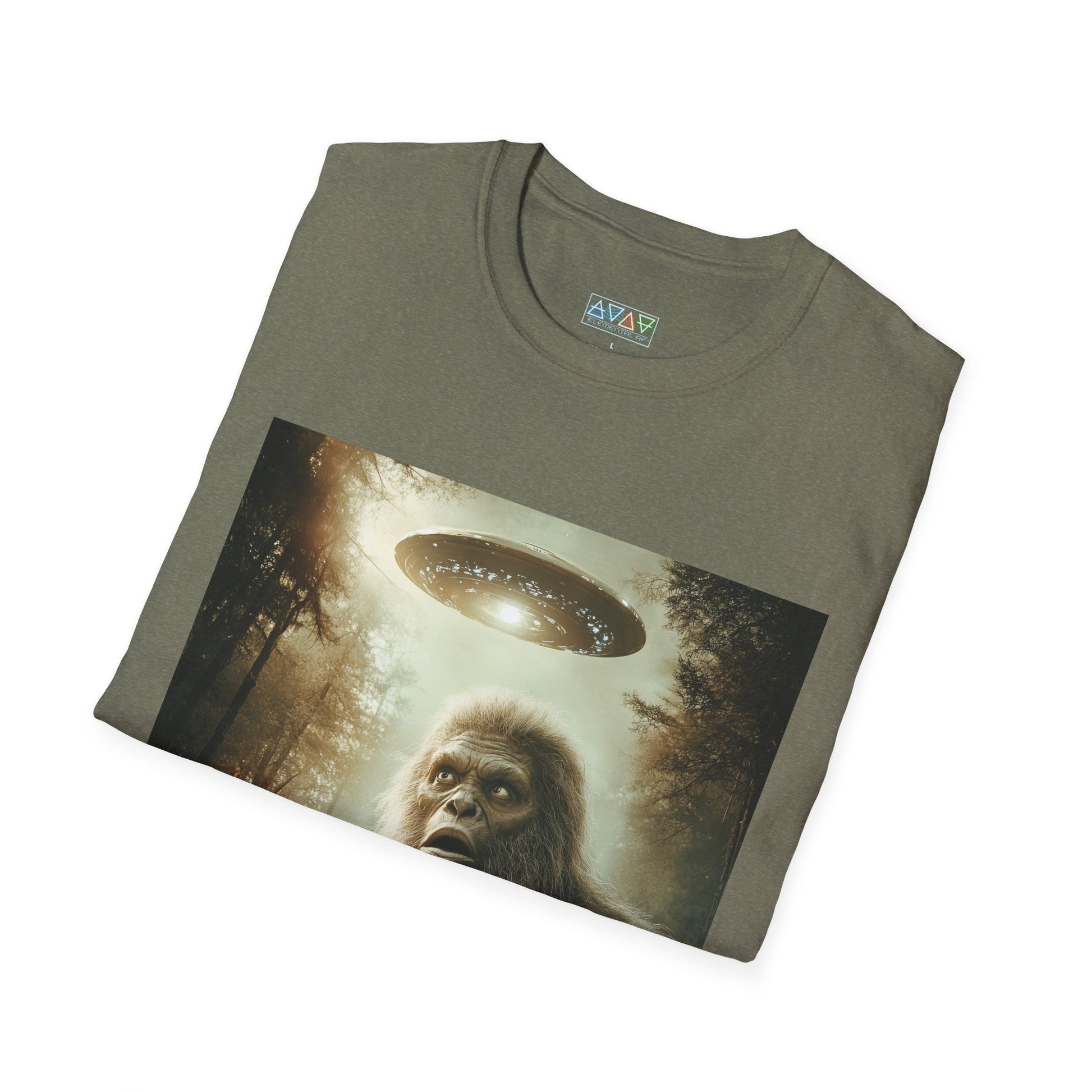 Bigfoot UFO Unisex Softstyle T-Shirt, Funny Graphic Tee, Sasquatch Clothing, Alien Lover Gift, Outdoor Adventure Tee, Casual Wear