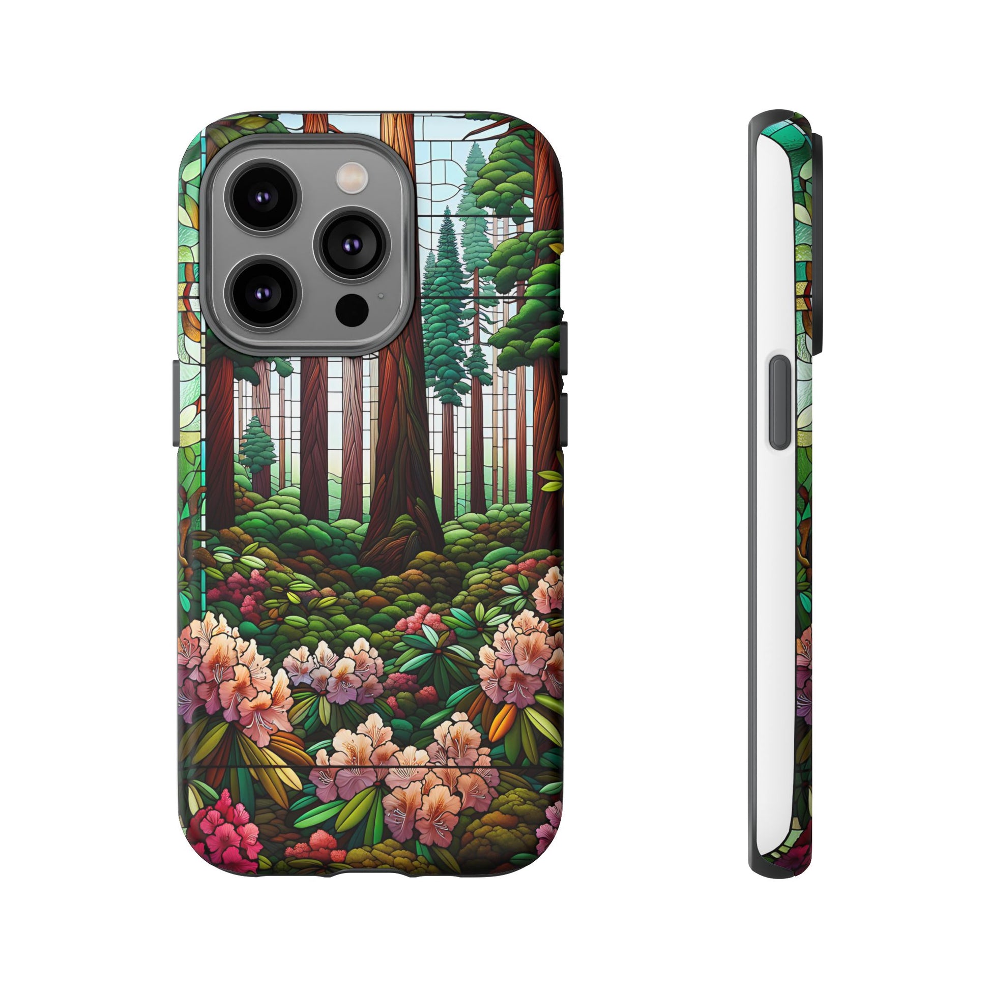 Nature Inspired Tough Cases - Redwood Trees & Rhododendrons Stained Glass iPhone Cover, Protective Phone Shell, Unique Samsung Galaxy Case,
