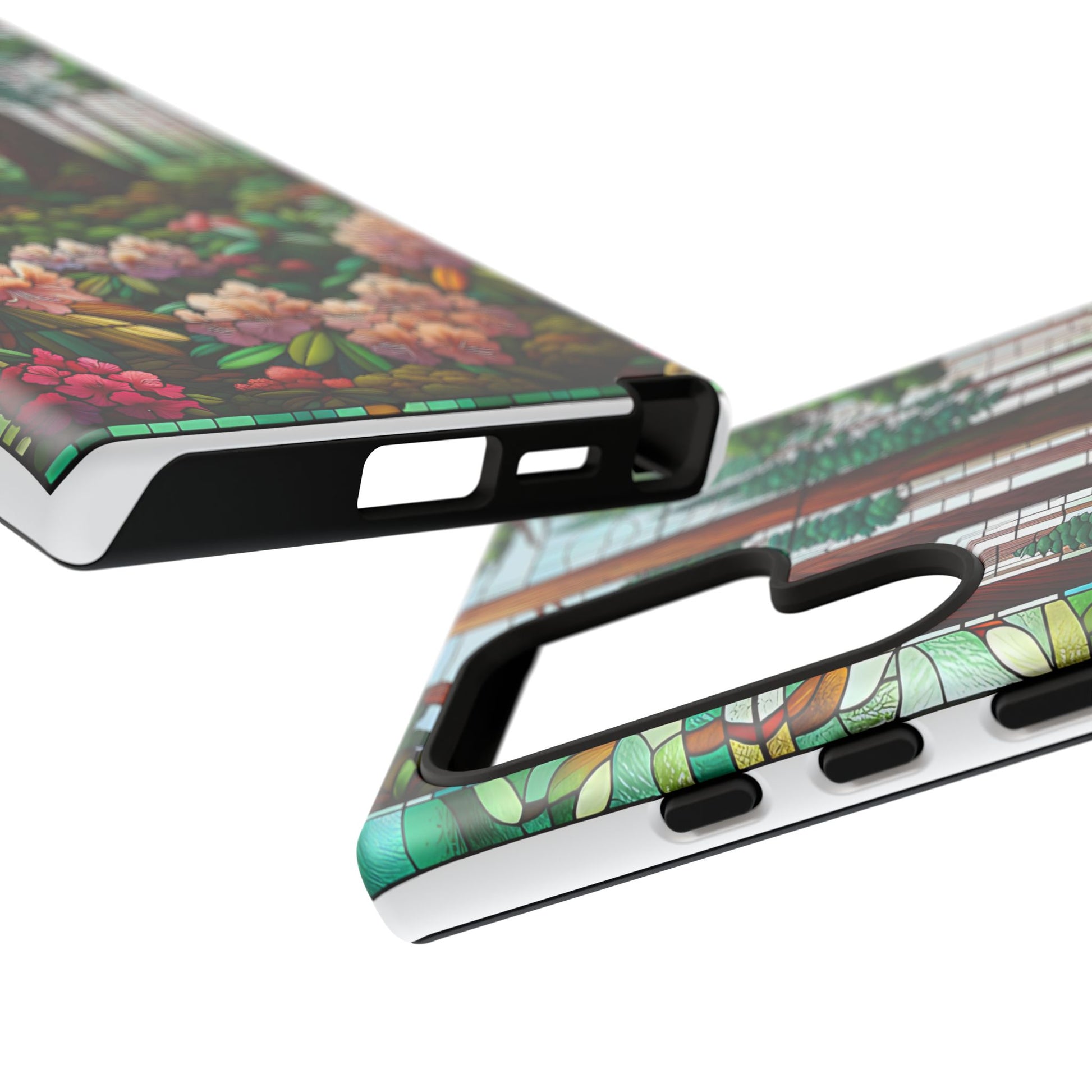 Nature Inspired Tough Cases - Redwood Trees & Rhododendrons Stained Glass iPhone Cover, Protective Phone Shell, Unique Samsung Galaxy Case,