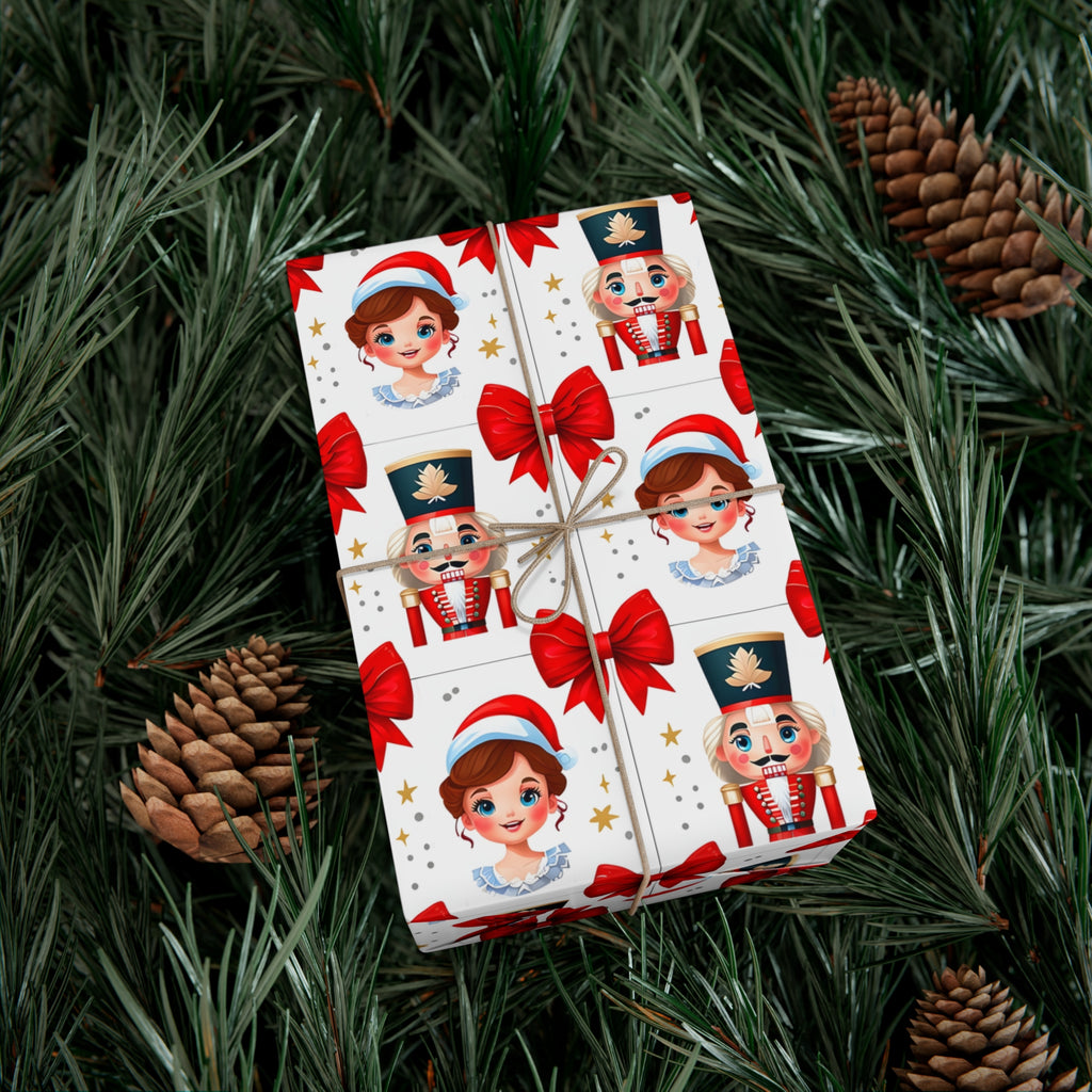 Wrapping Paper, Festive Cartoon Nutcracker And Clara Pattern With Bows - Gift Wrap Rolls, Eco-Friendly Gift Wrap, Holiday Season Wrapping