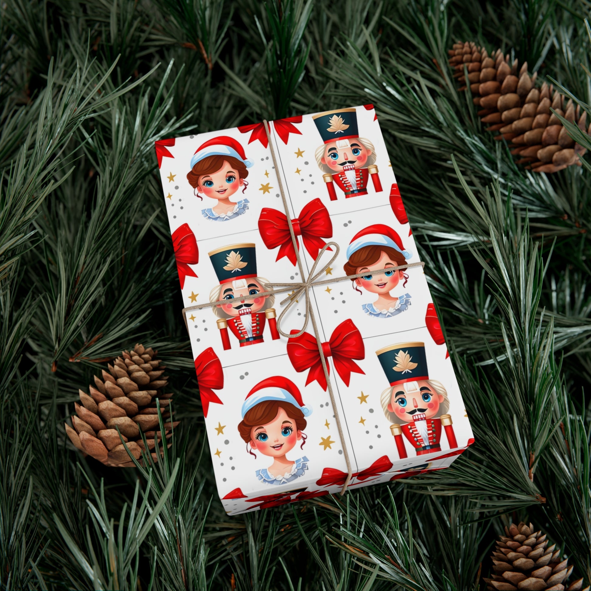 Wrapping Paper, Festive Cartoon Nutcracker And Clara Pattern With Bows - Gift Wrap Rolls, Eco-Friendly Gift Wrap, Holiday Season Wrapping