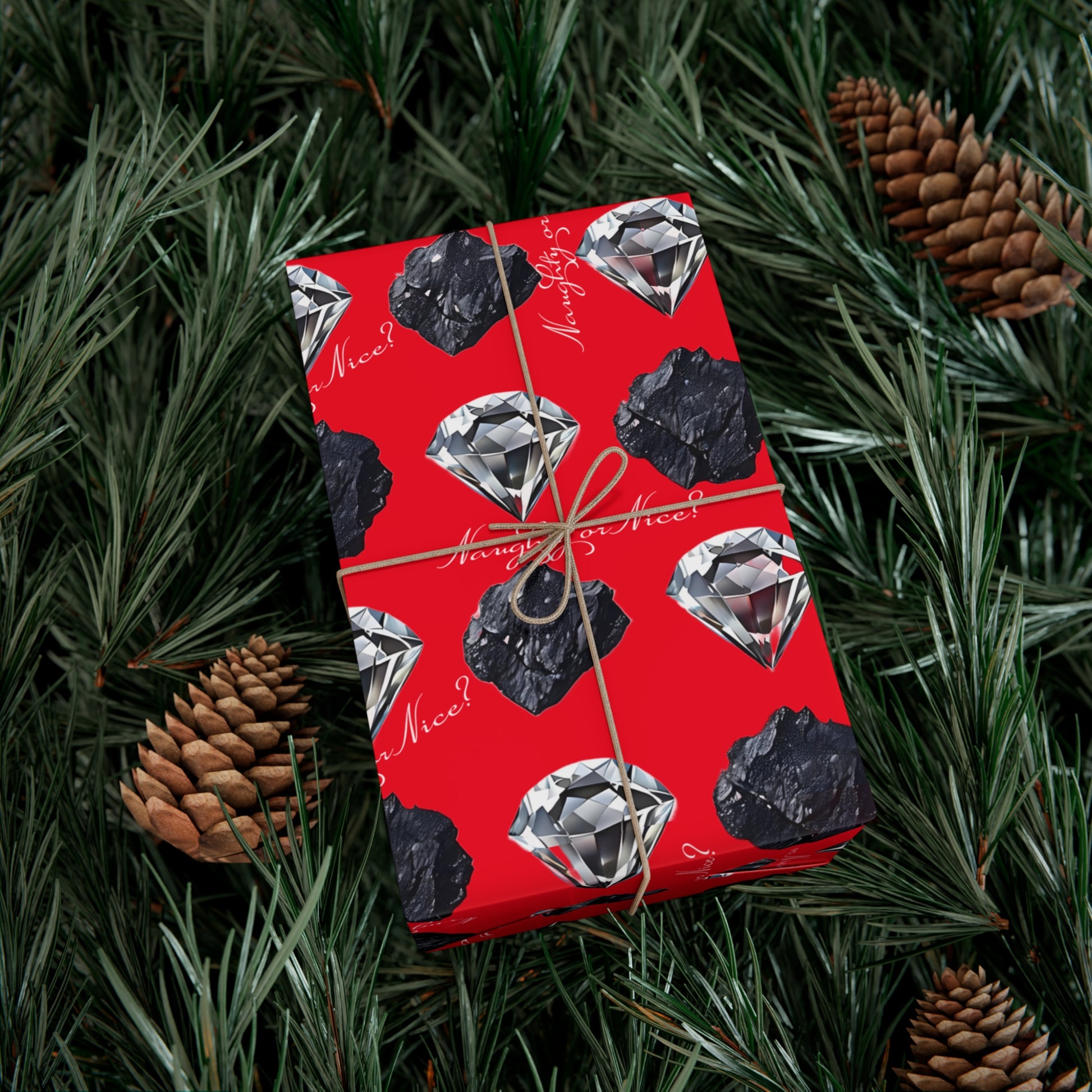 Wrapping Paper, Naughty or Nice Diamonds and Coal on Red Background - Gift Wrap Rolls, Eco-Friendly, Holiday, Christmas Gifts