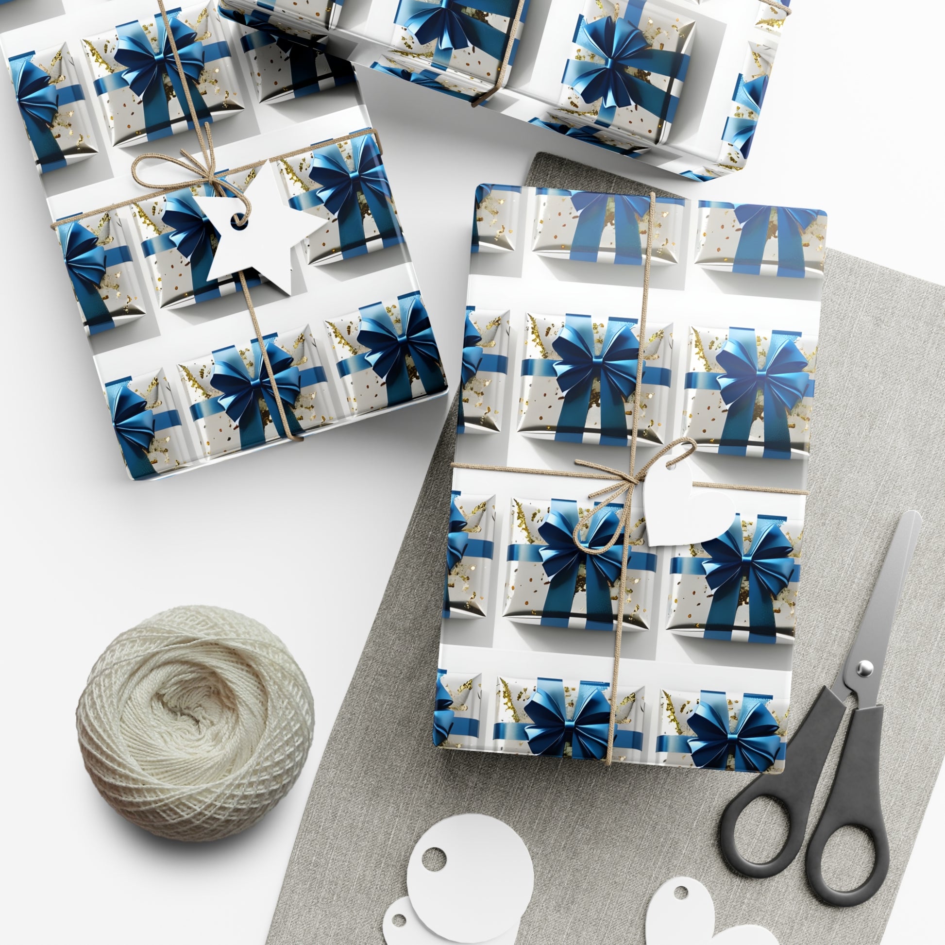 Wrapping Paper, Elegantly Wrapped Gifts On White Background with Blue Bows, Christmas Wrapping, Gift Packaging, Festive Decor, Holiday Gift