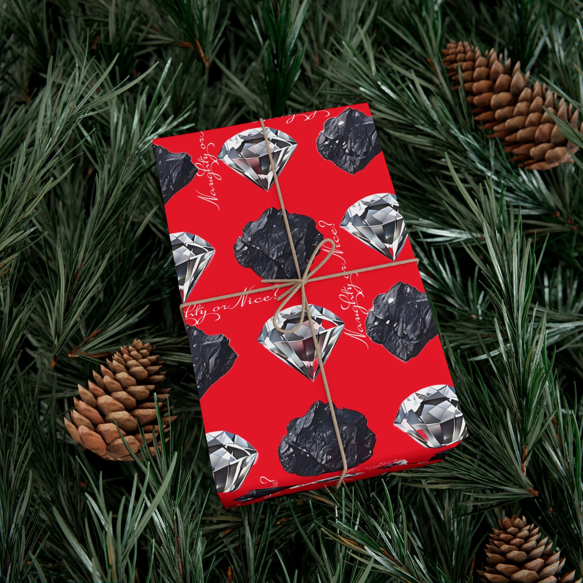 Wrapping Paper, Naughty or Nice Diamonds and Coal on Red Background - Gift Wrap Rolls, Eco-Friendly, Holiday, Christmas Gifts