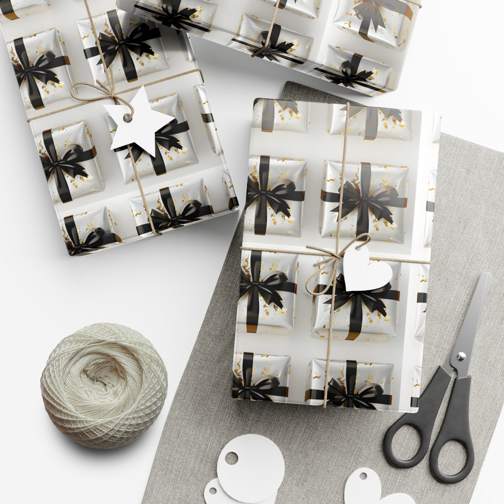 Wrapping Paper, Elegantly Wrapped Gifts On White Background with Black Bows - Gift Wrap Rolls, Eco-Friendly Gift Wrap, Holiday