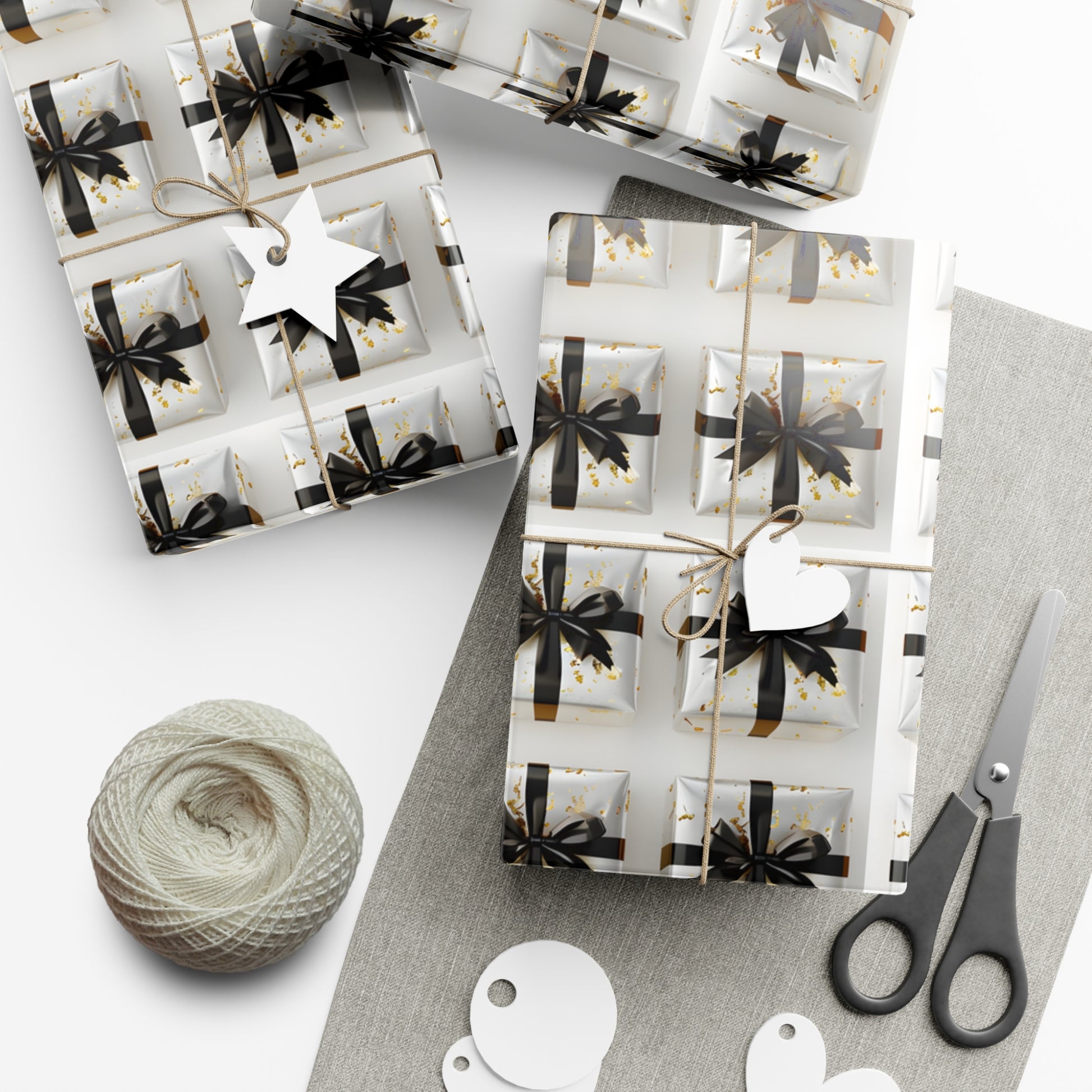 Wrapping Paper, Elegantly Wrapped Gifts On White Background with Black Bows - Gift Wrap Rolls, Eco-Friendly Gift Wrap, Holiday