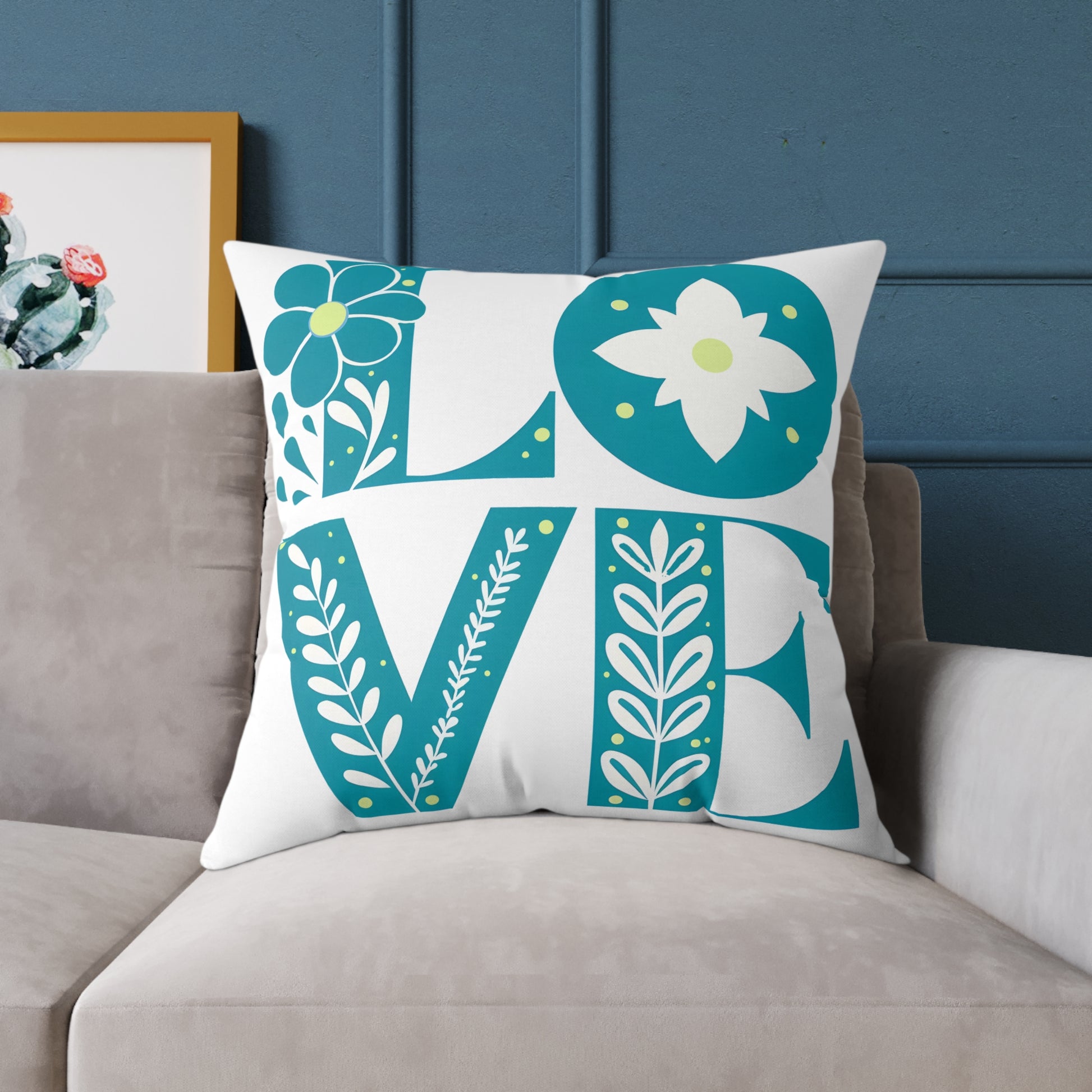 Pillow, Bold 3D Love Typography Surrounded By Nature, Square Poly Canvas Pillow, Home Decor, Gift for Her, Modern Cushion Cover, Love Quote
