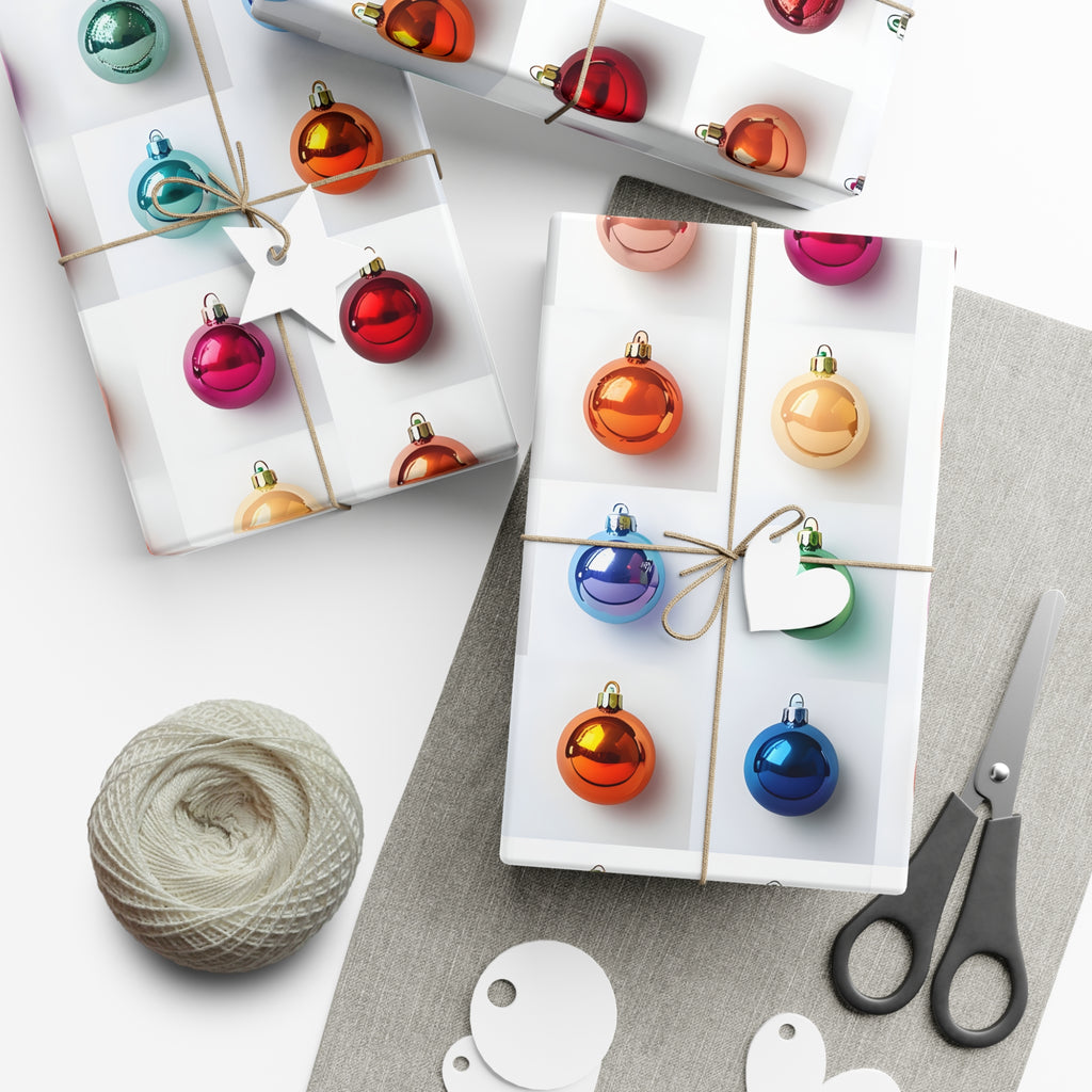 Wrapping Paper, Vibrant Christmas Ornaments On White Background - Gift Wrap Rolls, Eco-Friendly Gift Wrap, Holiday
