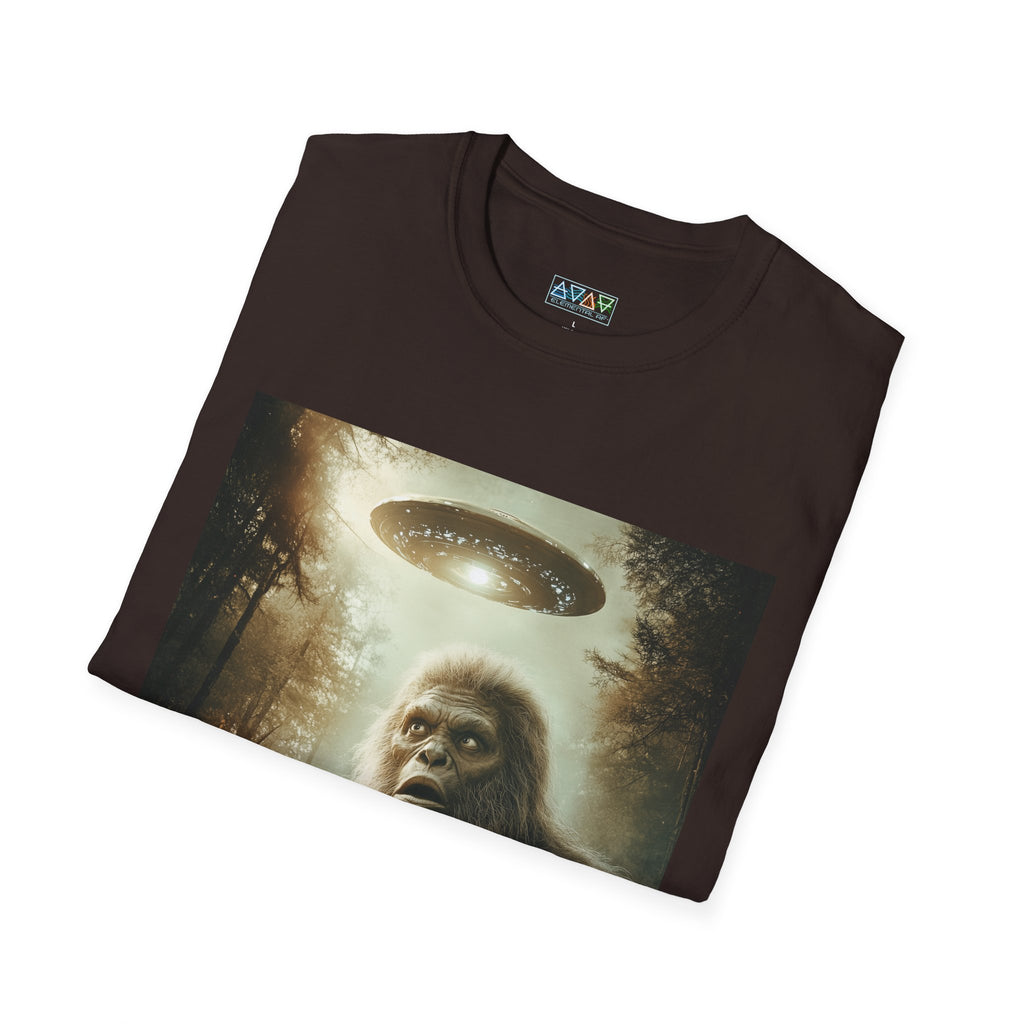 Bigfoot UFO Unisex Softstyle T-Shirt, Funny Graphic Tee, Sasquatch Clothing, Alien Lover Gift, Outdoor Adventure Tee, Casual Wear
