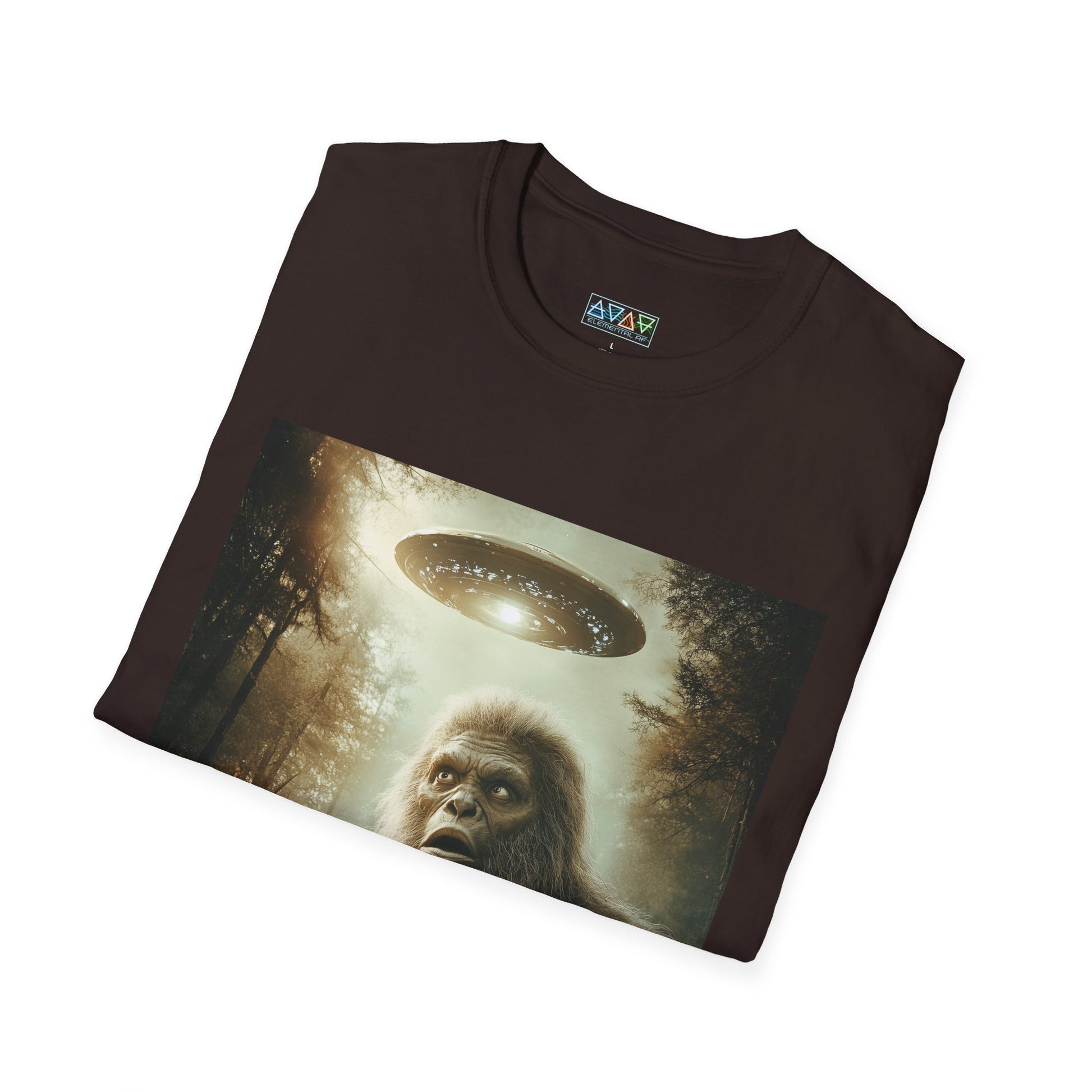 Bigfoot UFO Unisex Softstyle T-Shirt, Funny Graphic Tee, Sasquatch Clothing, Alien Lover Gift, Outdoor Adventure Tee, Casual Wear