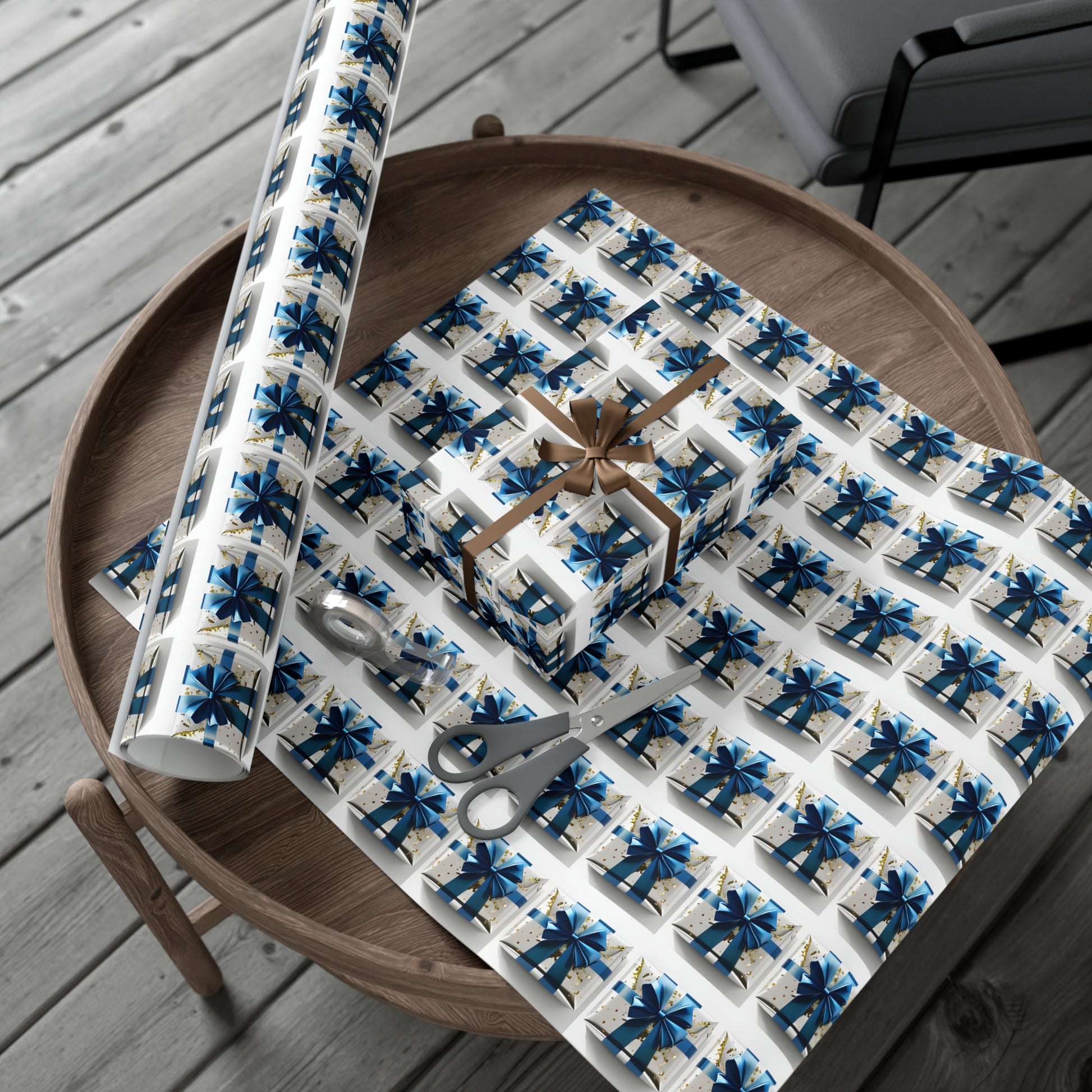 Wrapping Paper, Elegantly Wrapped Gifts On White Background with Blue Bows, Christmas Wrapping, Gift Packaging, Festive Decor, Holiday Gift