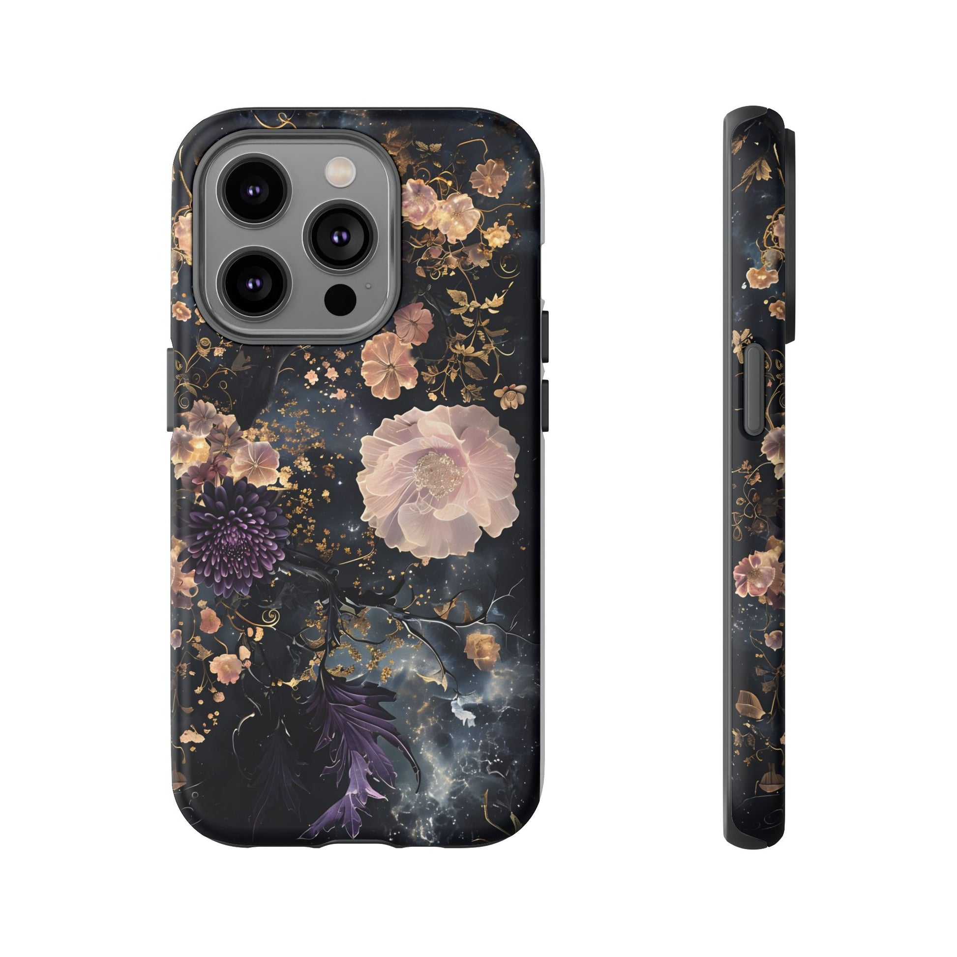 Phone Case, Whimsical Floral Pattern Against Cosmic Nebulous Background. Galaxy, Space, Tough Protective Cover, Unique Gift, Trendy