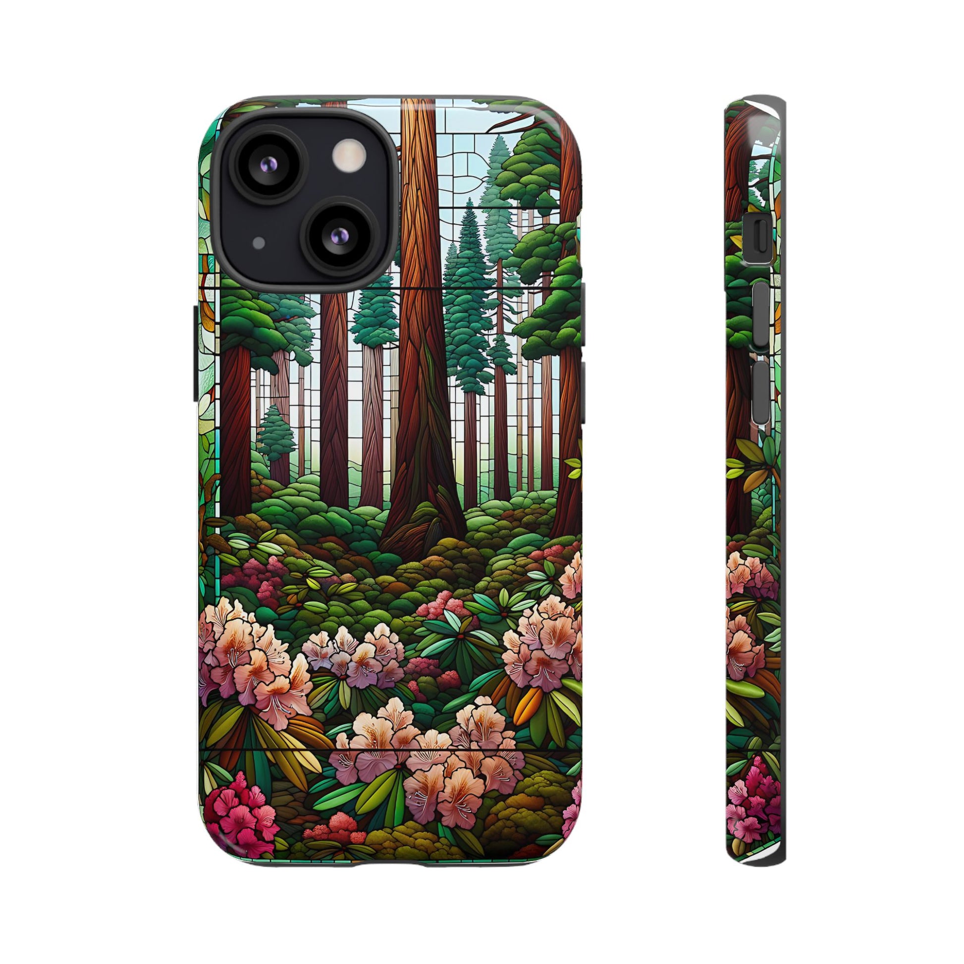 Nature Inspired Tough Cases - Redwood Trees & Rhododendrons Stained Glass iPhone Cover, Protective Phone Shell, Unique Samsung Galaxy Case,