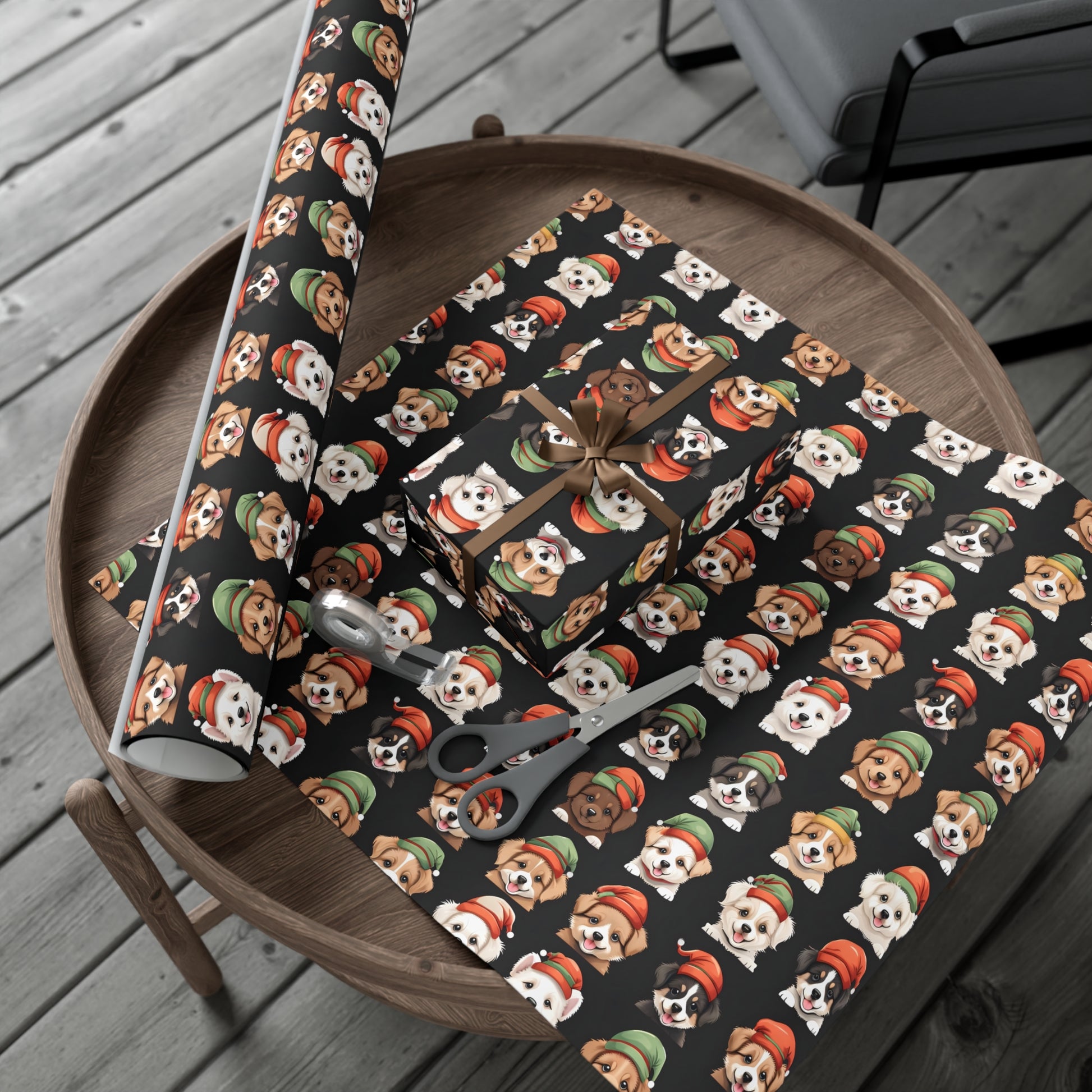 Cute Puppies Elf Caps Gift Wrap Papers - Festive Christmas Wrapping Paper Roll, Holiday Gift Packaging, Adorable Dog Lover Gift Wrap, Pet