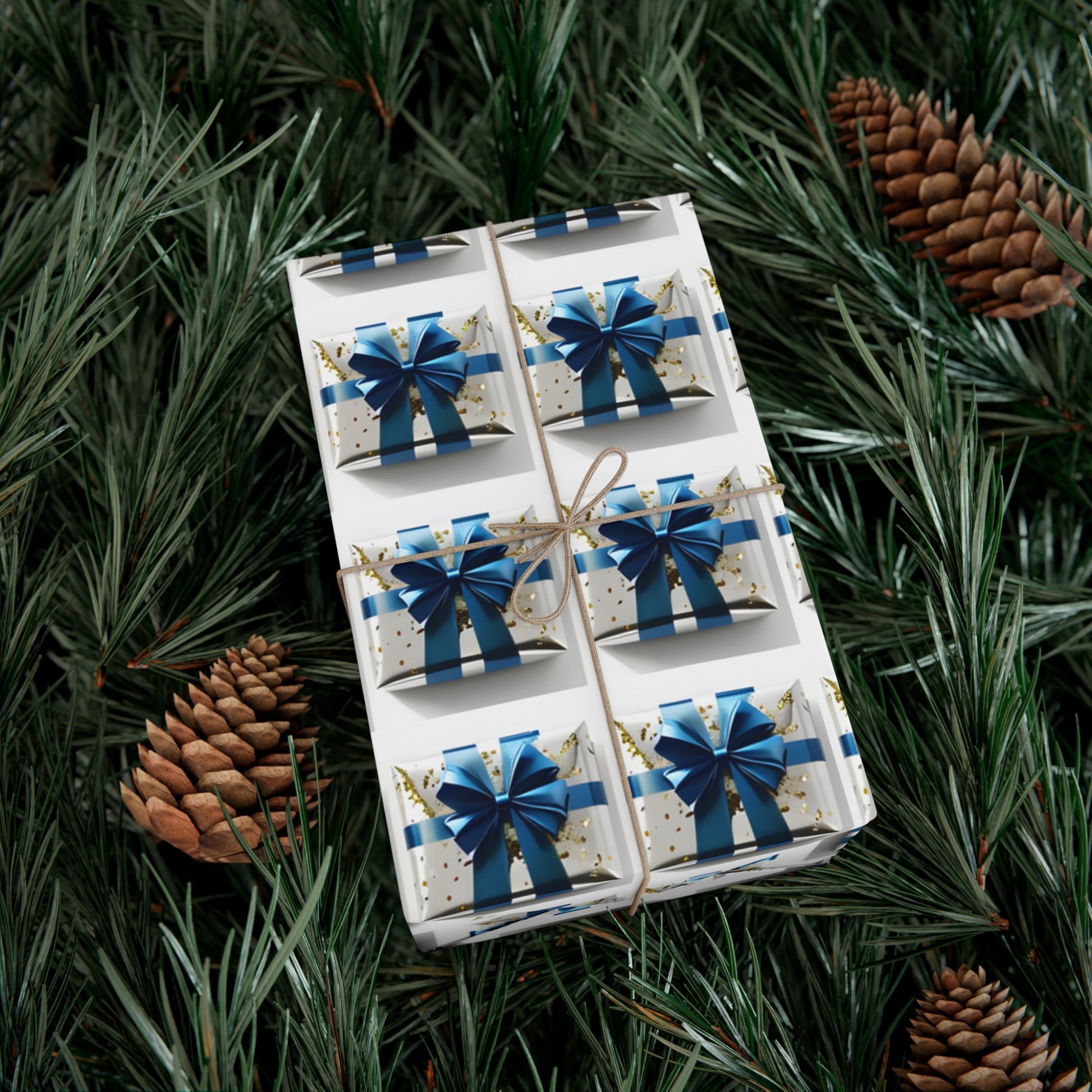 Wrapping Paper, Elegantly Wrapped Gifts On White Background with Blue Bows, Christmas Wrapping, Gift Packaging, Festive Decor, Holiday Gift