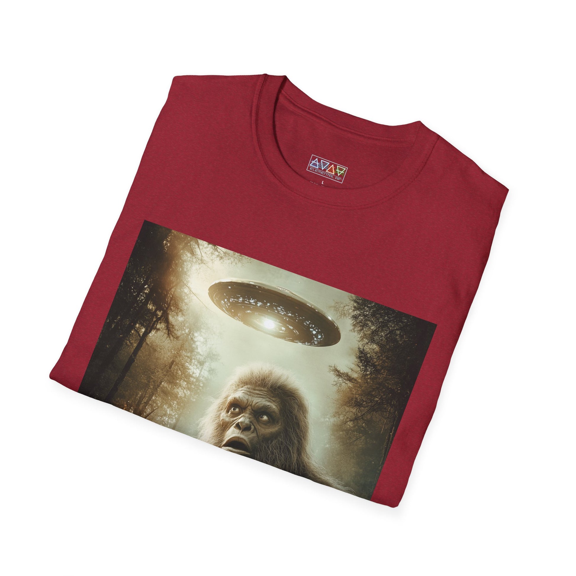 Bigfoot UFO Unisex Softstyle T-Shirt, Funny Graphic Tee, Sasquatch Clothing, Alien Lover Gift, Outdoor Adventure Tee, Casual Wear