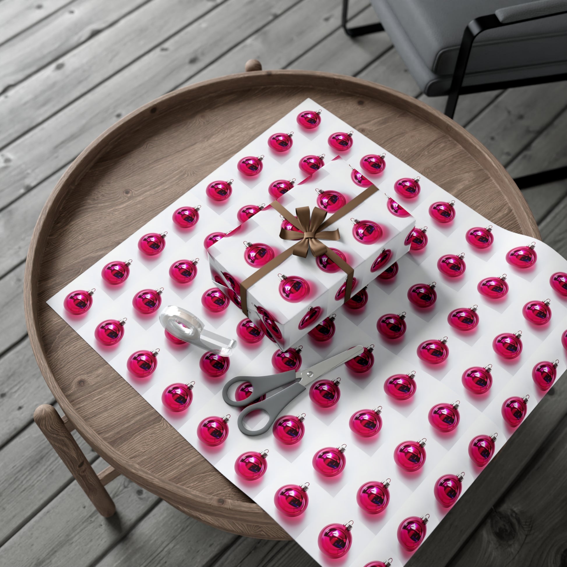 Wrapping Paper, Hot Pink Christmas Ornaments On White Background - Gift Wrap Rolls, Eco-Friendly Gift Wrap, Holiday